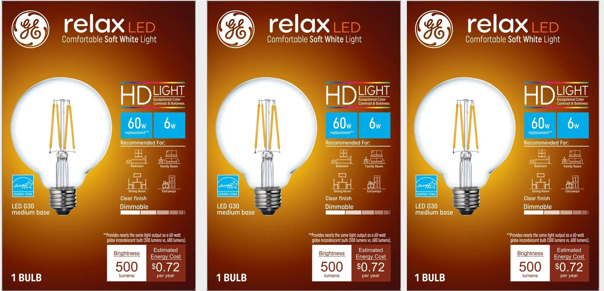 (case of 3) GE relax HD LED G30 Globe, Soft White, 6 watt, 500 lumens, medium base, dimmable Decorative Clear LED Light Bulb 