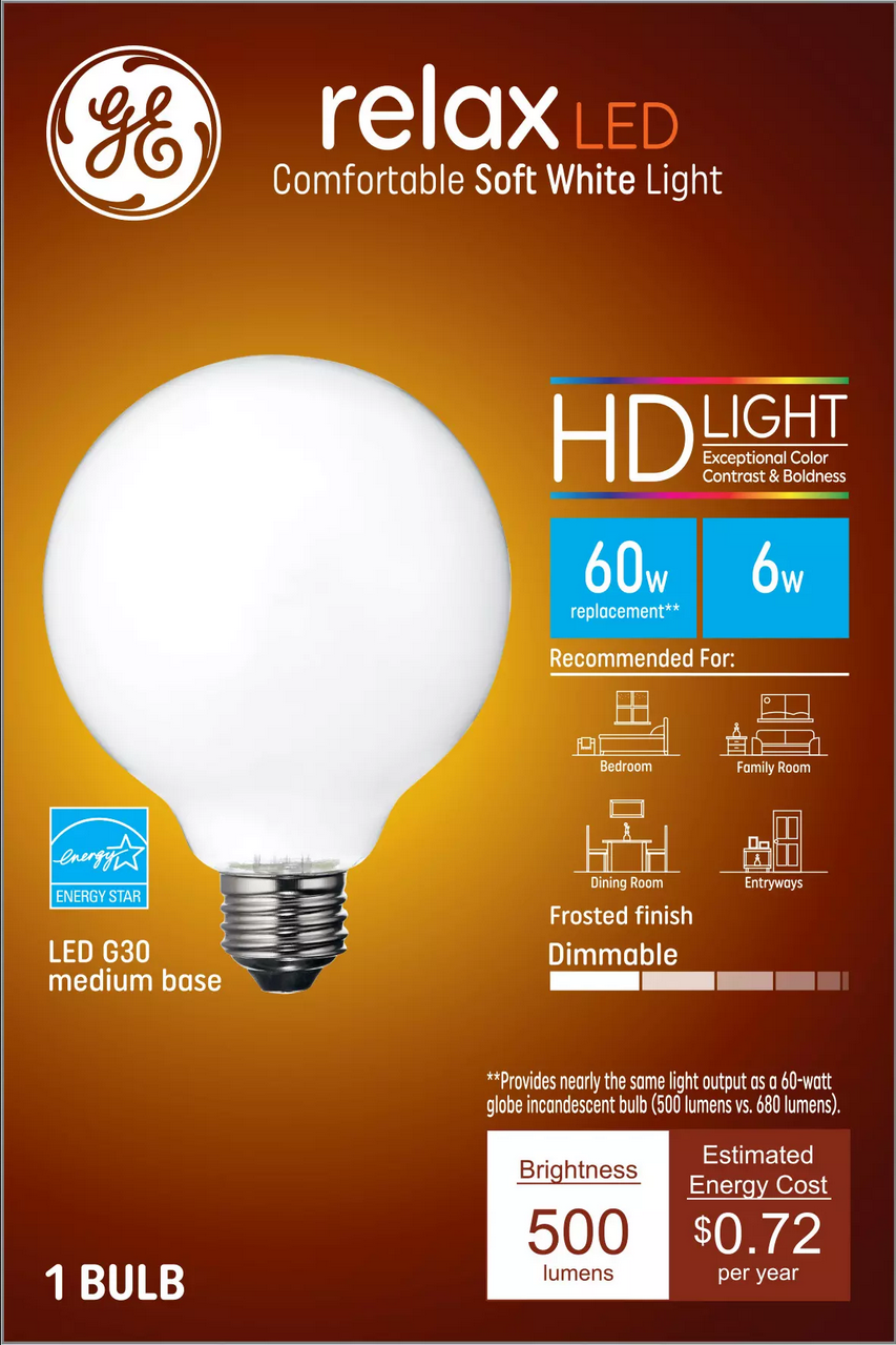 GE Relax LED G30 Vanity Globe, frosted, Soft White 2700K, 6 watt, 500 lumen, Dimmable Decorative Globe Light Bulb, 60 watt replacement, medium base