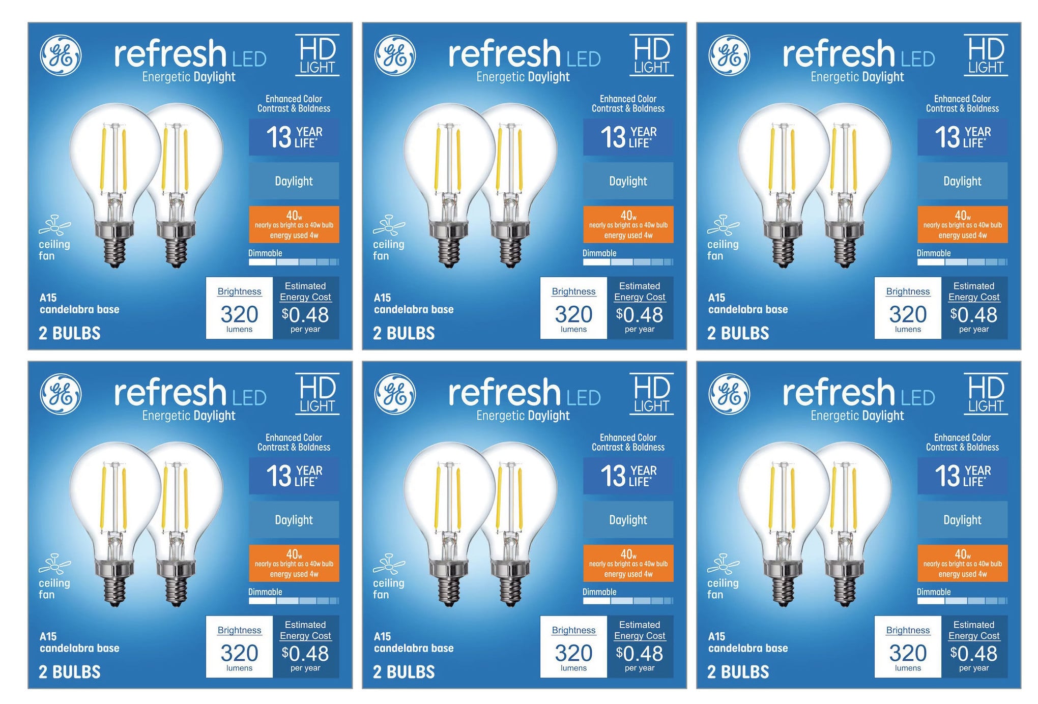 (12 bulbs) GE refresh LED A15 Ceiling Fan Light Bulb, Candelabra base, 40 watt equivalent using only 4 watts, 320 lumens, HD Light for exceptional contrast and boldess, 5000K Cool White Light Bulb