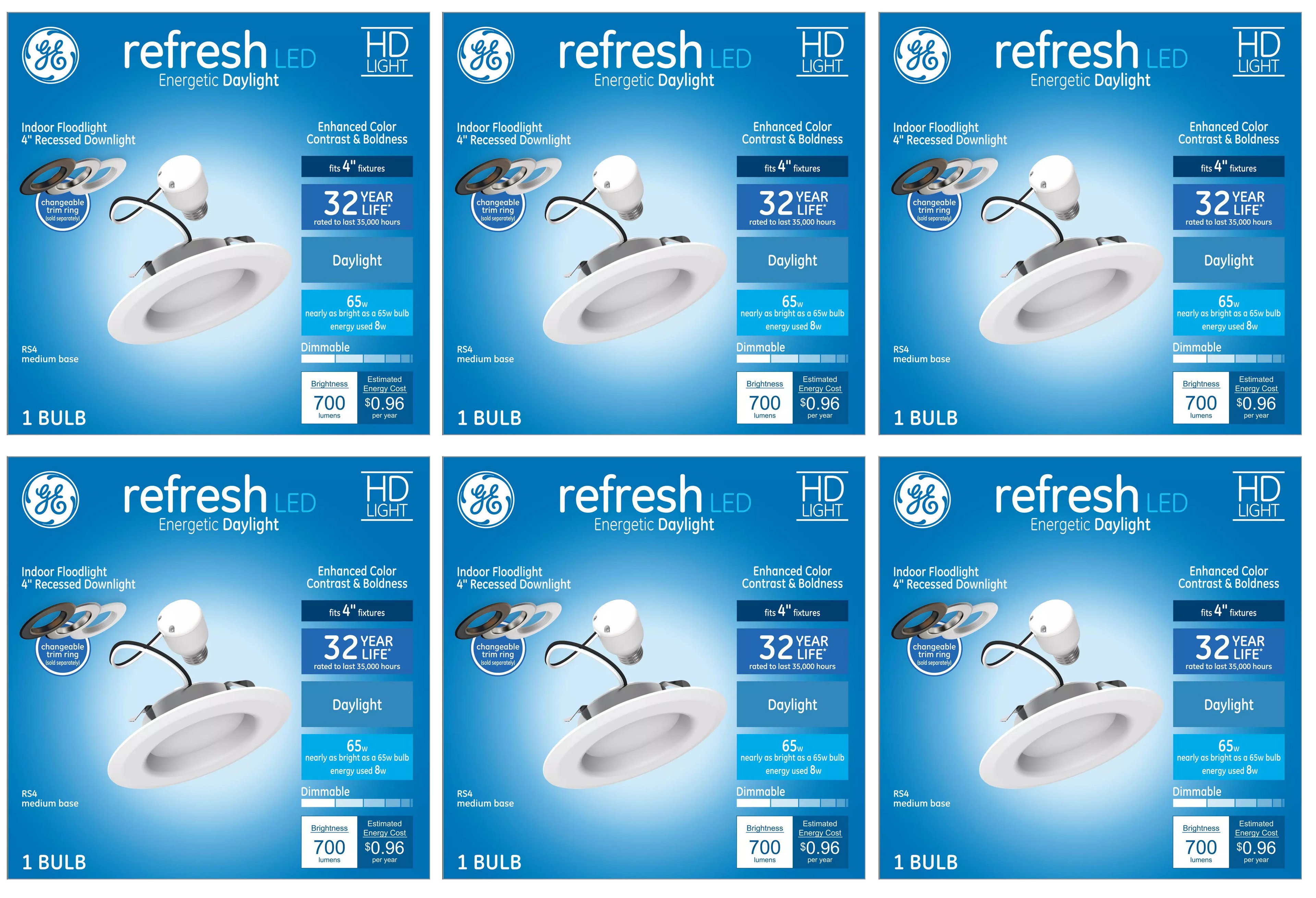 (case of 6) GE Refresh LED Recessed Downlight, 65 Watt Equivalent, 4 inch, RS4, White Dimmable Recessed Downlight, Energetic Daylight 5000K, 8 watt, 700 lumen