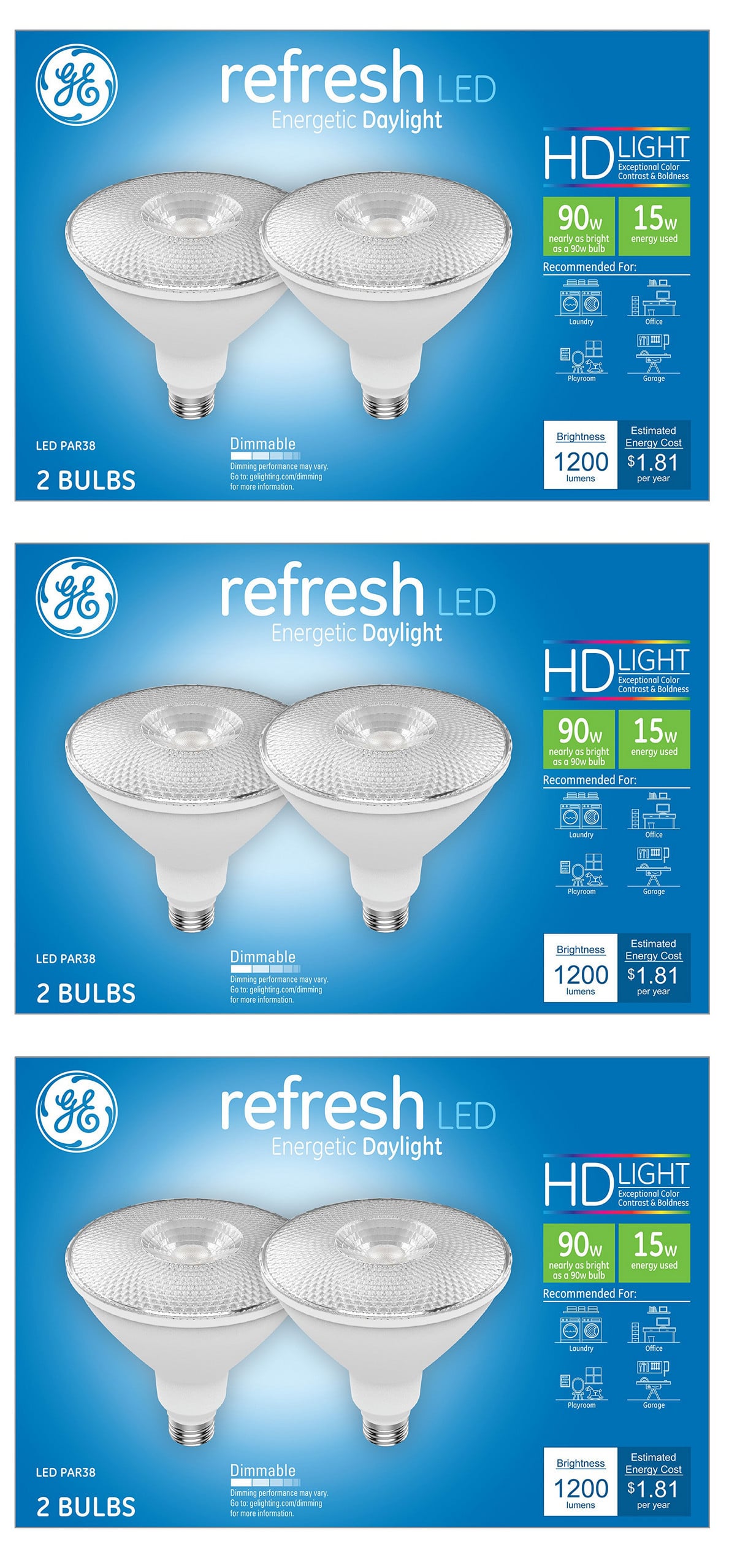 (6 Bulbs) GE Lighting refresh LED Floodlight, Daylight 5000K, PAR38, 15 watt, 1200 lumen (90 watt replacement) LED flood light, Dimmable