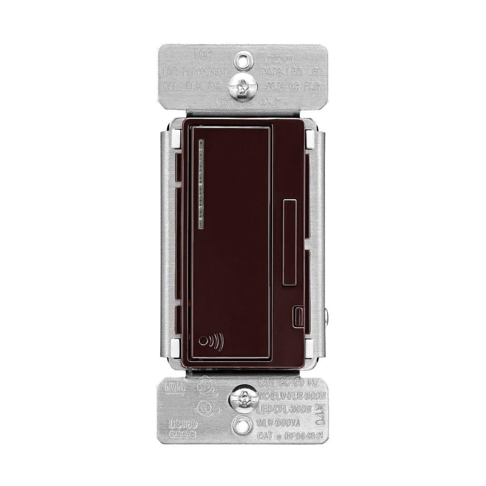 Eaton RF9640-NDB Z-Wave Plus Universal smart Dimmer, Decorator Brown, single pole, 3-way, 120V, Dimmable seven step blue LED display alongside pushpad indicates light level