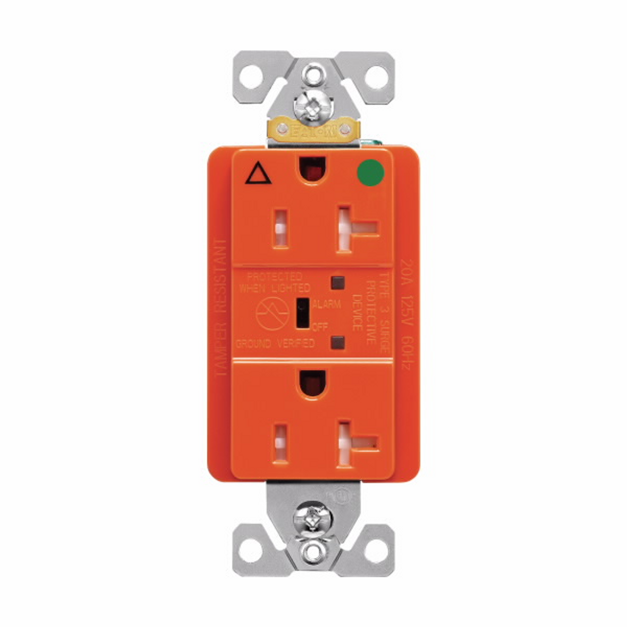 Eaton TRIG8362RNS 20 Amp TVSS Surge Protection Duplex Receptacle w/Alarm and LED Indicators, Hospital Grade, Tamper Resistant, Orange w/ LED indicators to verify surge protection & ground, 20A 125V