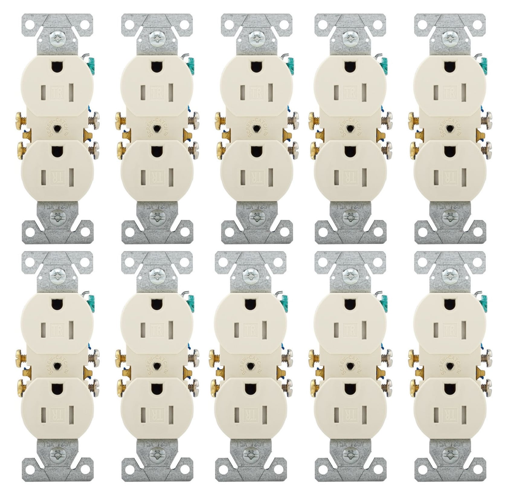(quantity of 10) Eaton TR270A Tamper Resistant duplex receptacle, Almond, #14-10 AWG, 15A, flush mount