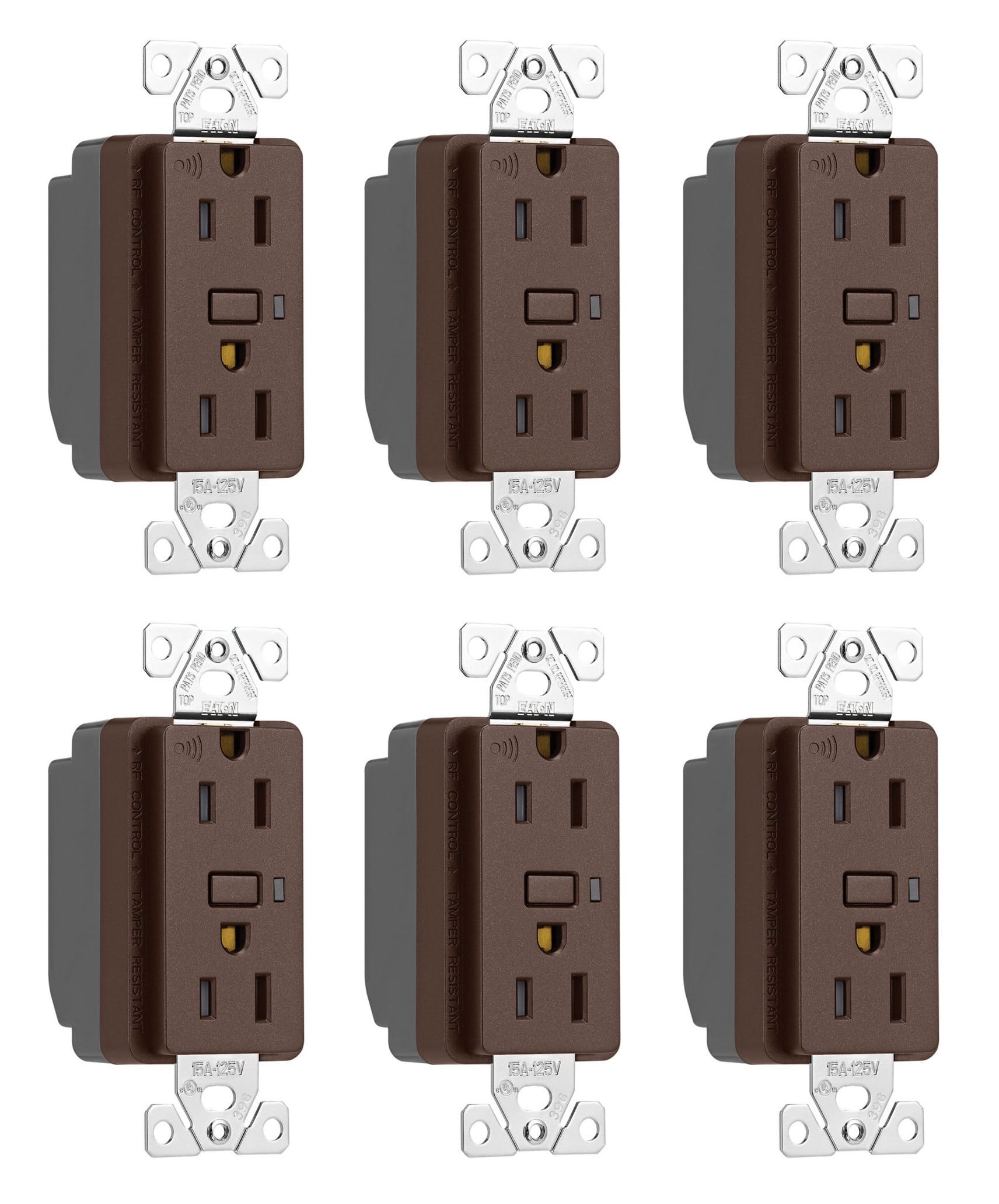 (case of 6) Eaton Z-Wave Plus split control wireless duplex receptacle, Tamper Resistant, 15A, Flush Mounting, Oil Rubbed Bronze color, 2 pole 3 wire grounding, Decorator receptacle