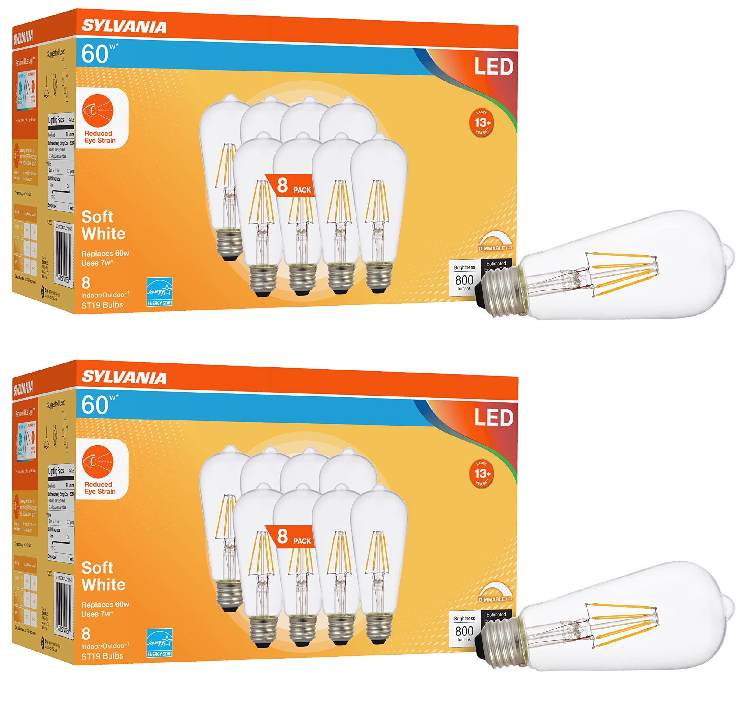 (16 bulbs) Sylvania Reduced Eye Strain ST19 LED Light Bulb, 7 watt, 800 lumen, 13 Year, Dimmable, Clear, 2700K, Soft White