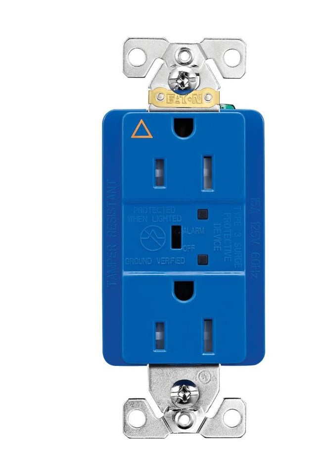 Eaton TRIG5262BLS Surge Protection Duplex Receptacle, TVSS, LED indicator and alarm, 15 Amp, 560J, Tamper Resistant, Blue, Isolated Ground, Transient Voltage Surge Suppressor