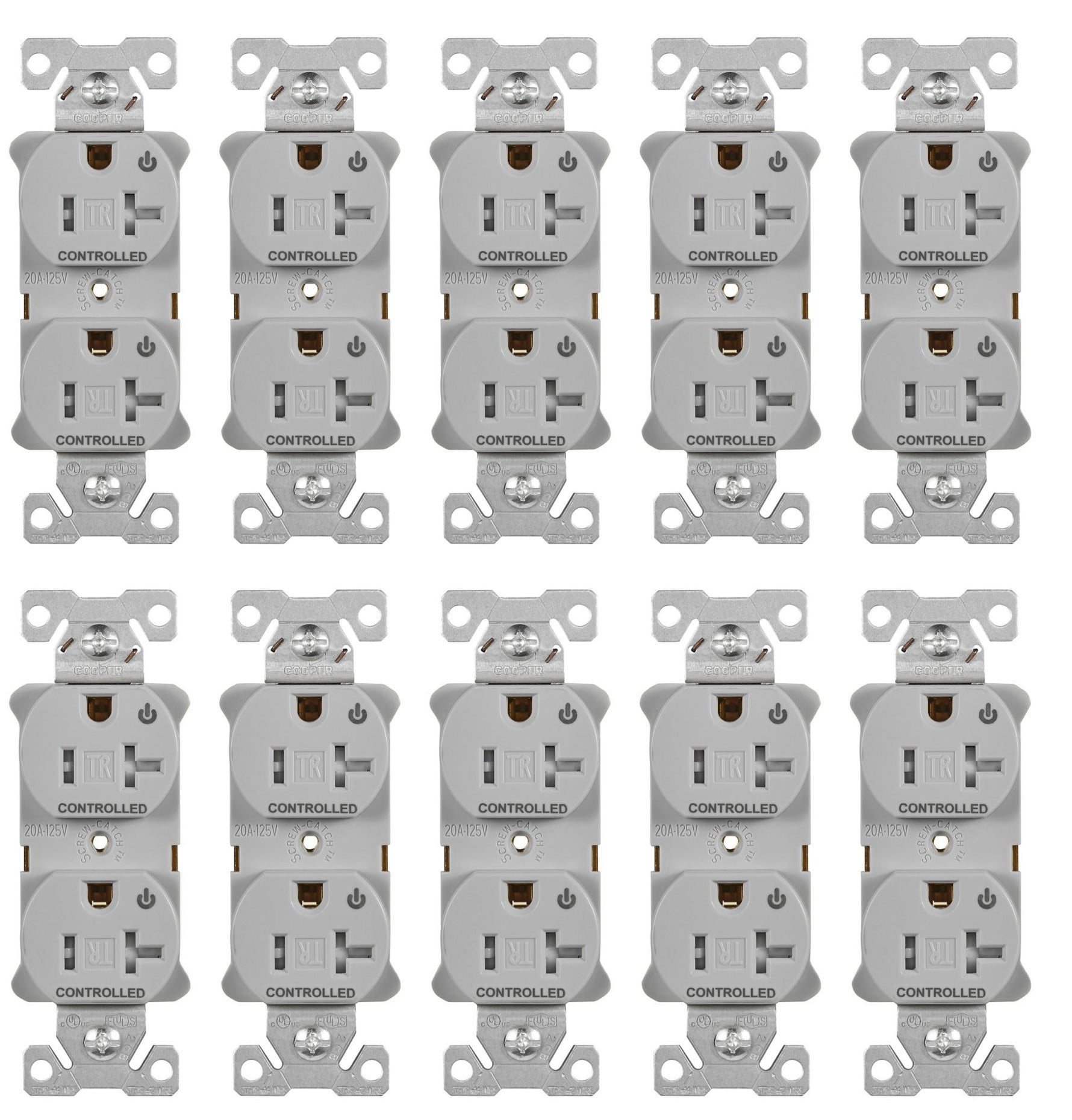 (case of 10) Eaton TR5362CDGY Heavy Duty Industrial Specification Duplex receptacle, Dual Control, 20 Amp, Tamper Resistant, Auto Grounding, GRAY, 2 Pole 3-Wire, 125V