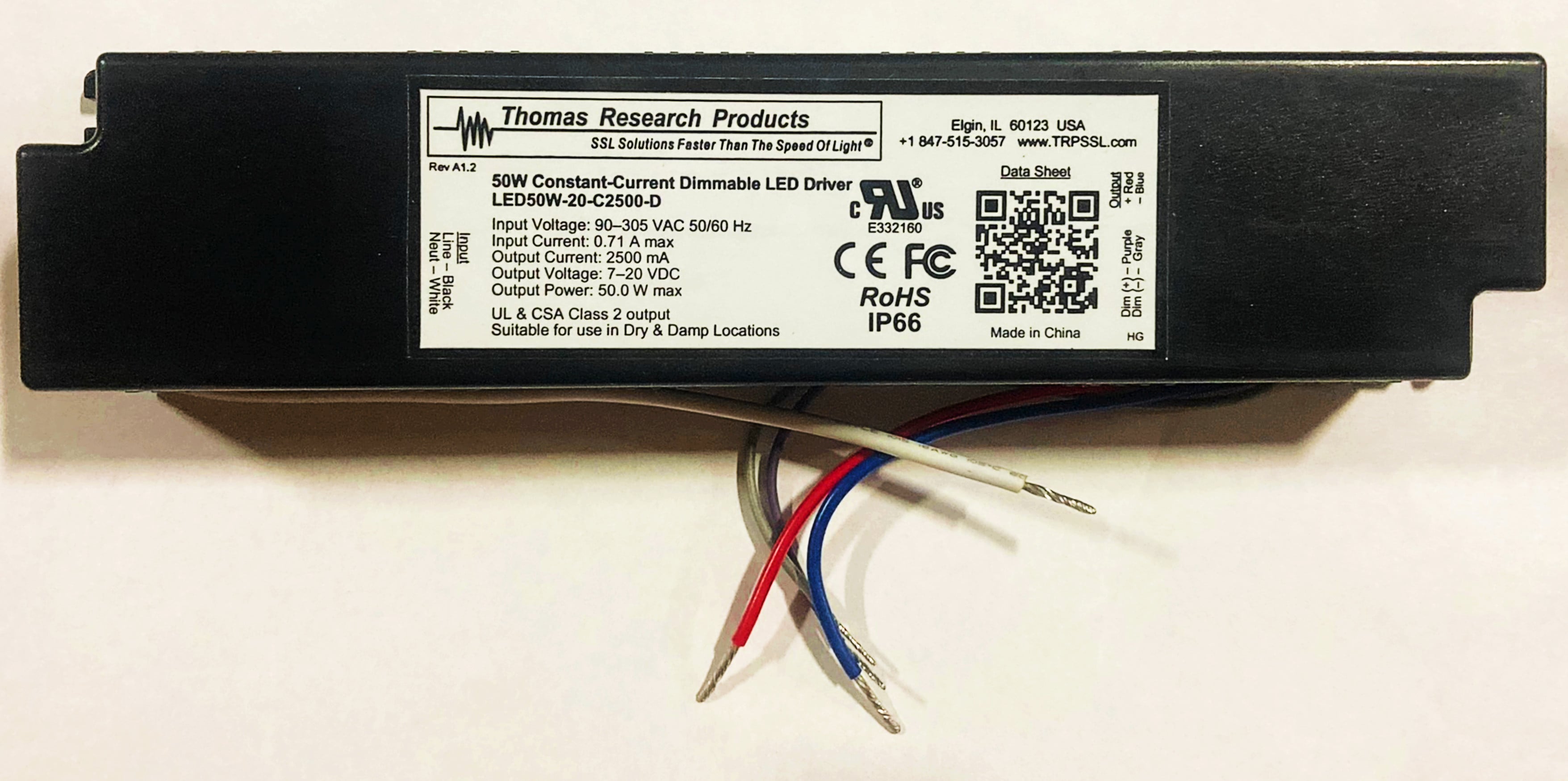 Hubbell Thomas Research Products LED50W-020-C2500-D Constant Current LED Driver, Dimmable, 50 watt, Damp and Dry Location Rated