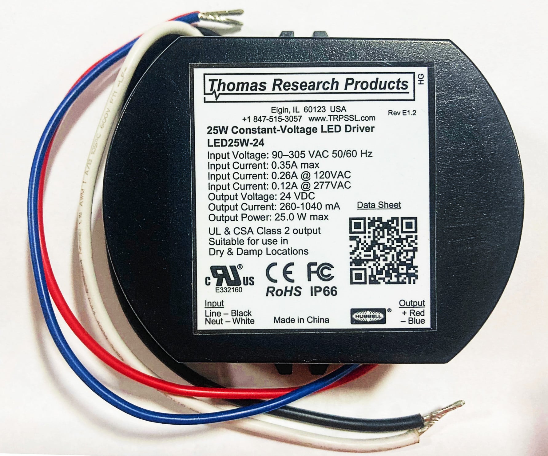 Hubbell Thomas Research Products LED25W-24 Constant Current LED Driver, 25 watts, 100-277Vac, High Power Factor, Constant Current and Constant Voltage with Isolation