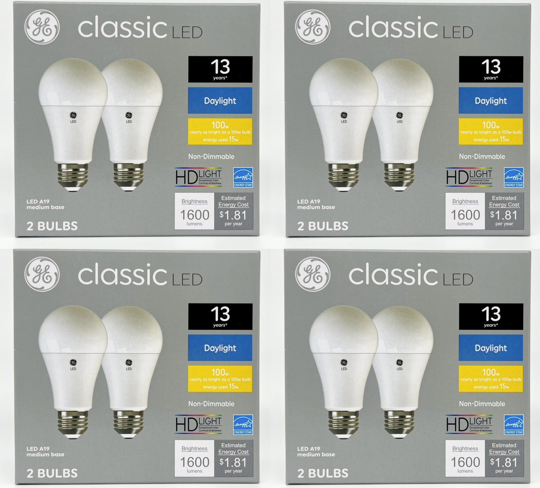 (8 bulbs) GE classic LED A19 Daylight Bulbs, 15 watt, 1600 Lumen, HD Light, Exceptional color contrast and brightness, 100 watt equivalent, LED light bulb
