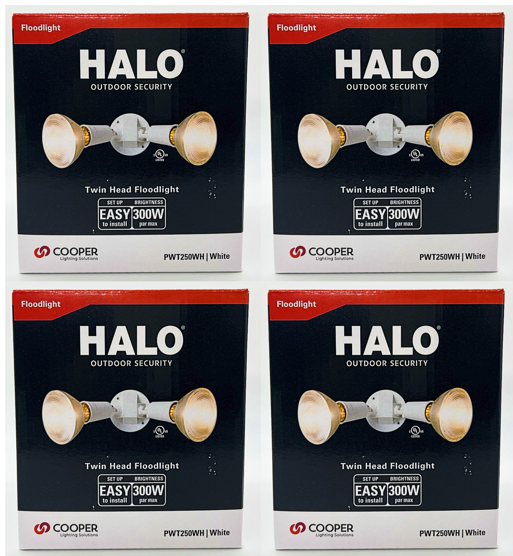 (case of 4) HALO PWT250WH Twin Flood Light fixture, White, weatherproof and corrosion resistant plastic, PAR Floodlight Fixture, White, Medium Base 