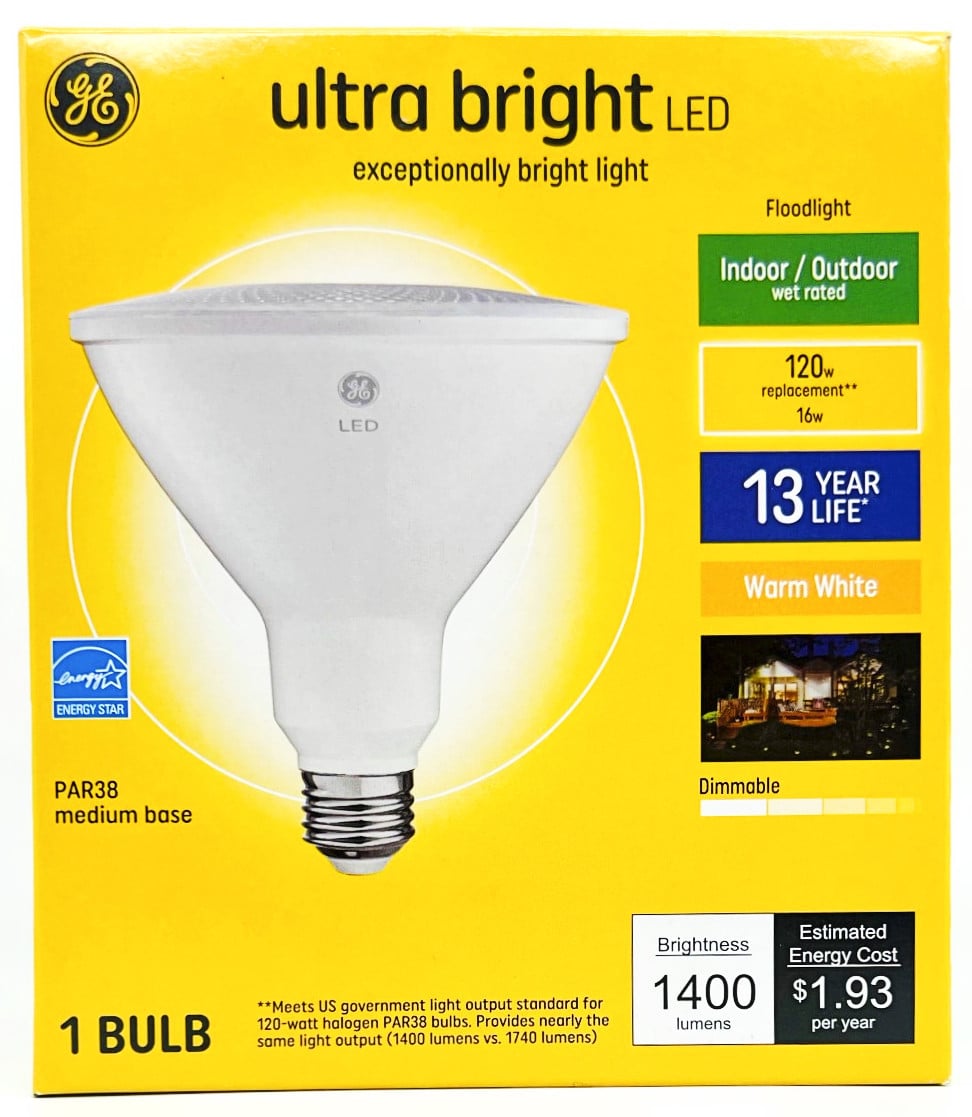 GE Lighting 37644 Ultra Bright LED Par38 Indoor/Outdoor Flood Light, 16 watt, 1400 lumens,  Dimmable, Warm White