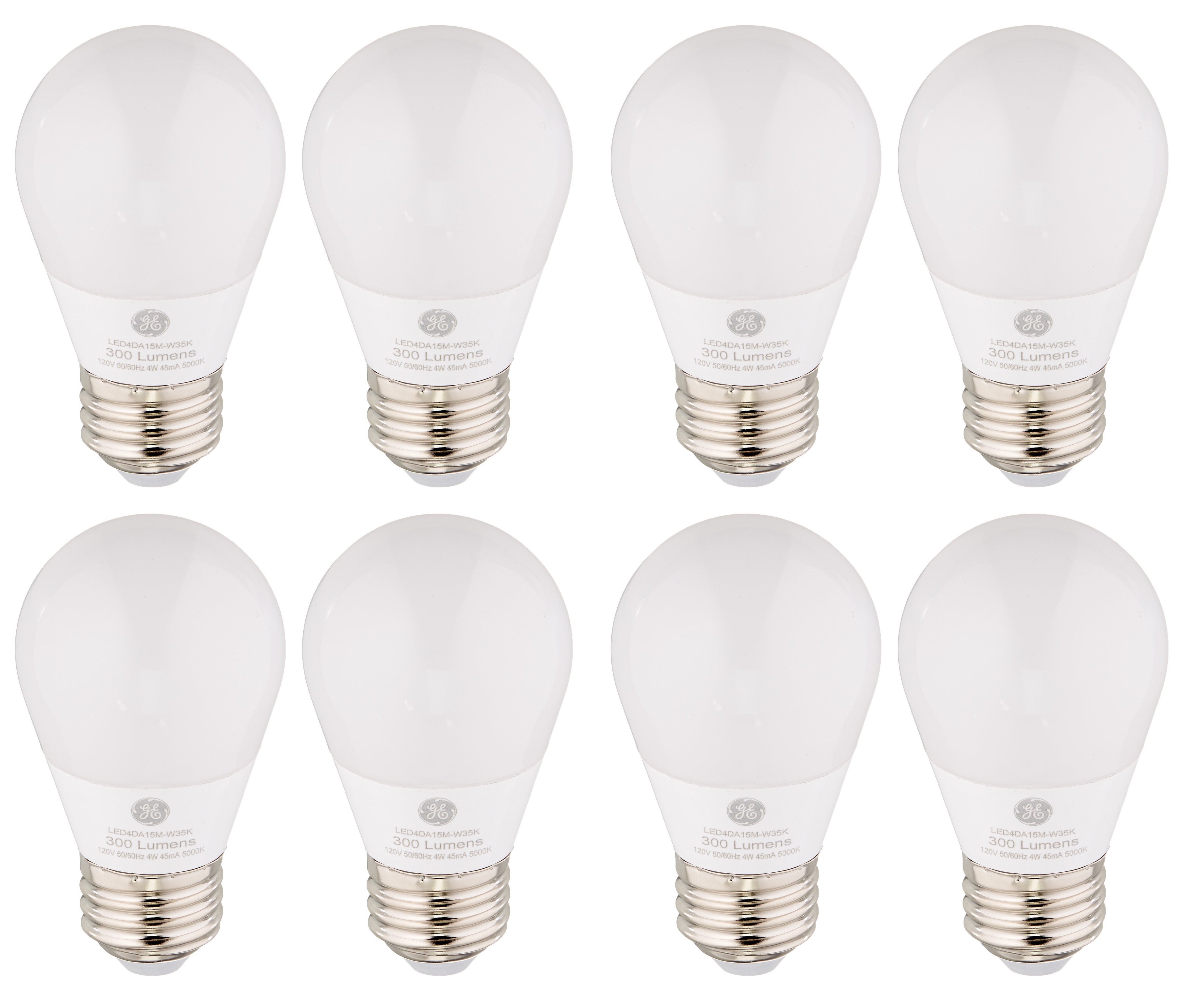 (8 bulbs) GE LED Daylight A15, 40 watt equivalent, 300 lumens, 5000K Daylight A15 Ceiling Fan/Appliance Light Bulb, frosted finish medium base, Dimmable 