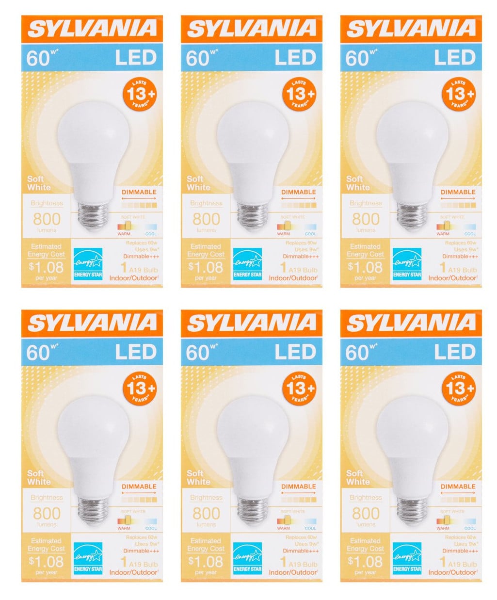 (6 bulbs) Sylvania LED 60 watt equivalent A19 Soft White, 9 watts, 800 lumens, Dimmable, Indoor / Outdoor LED Light Bulb
