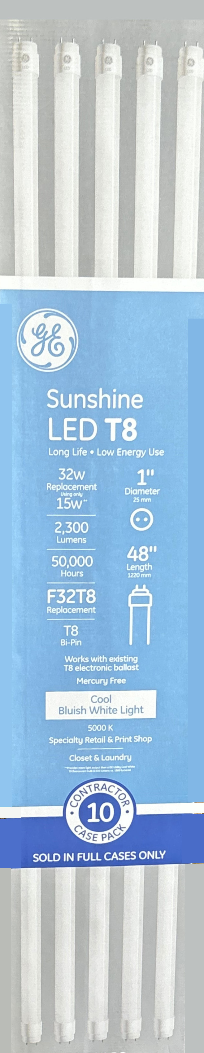 (case of 10 tubes) GE Lighting 30609 Sunshine LED Tube 48 inch T8, 15 watt, 2300 lumen, 5000K Daylight, Type A Plug and Pay replacement for 4ft T8 Fluorescent Lamp