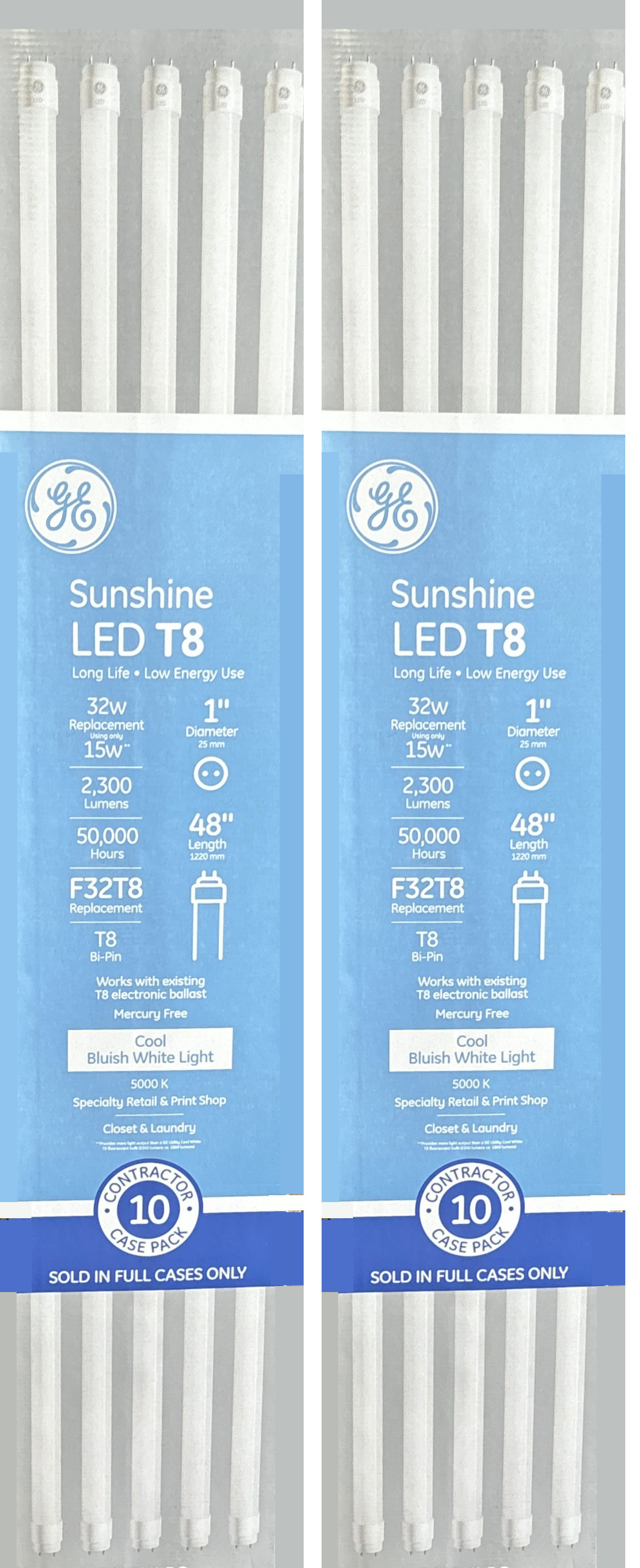 (case of 20 tubes) GE Lighting 30609 Sunshine LED Tube 48 inch T8, 15 watt, 2300 lumen, 5000K Daylight, Type A Plug and Pay replacement for 4ft T8 Fluorescent Lamp