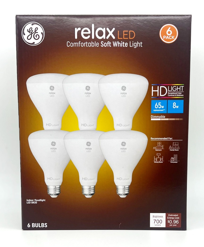 (pack of 6 bulbs) GE Relax LED BR30, 8 watt, 700 lumen, 65-Watt equivalent, Dimmable Soft White Flood Light Bulb