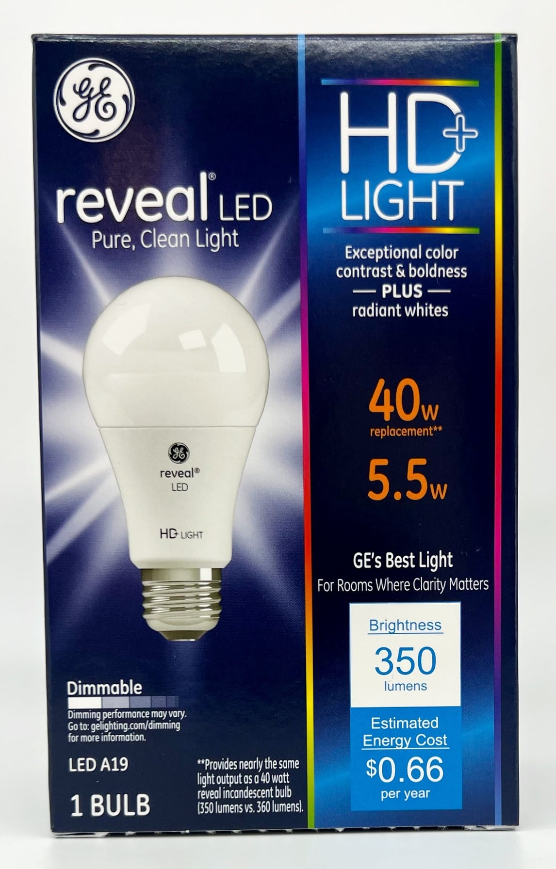 GE reveal LED A19 LED Light Bulb, 5.5 watt, 350 lumen, 40 watt replacement, Dimmable, HD Light, radiant whites, exceptional contrast and boldness
