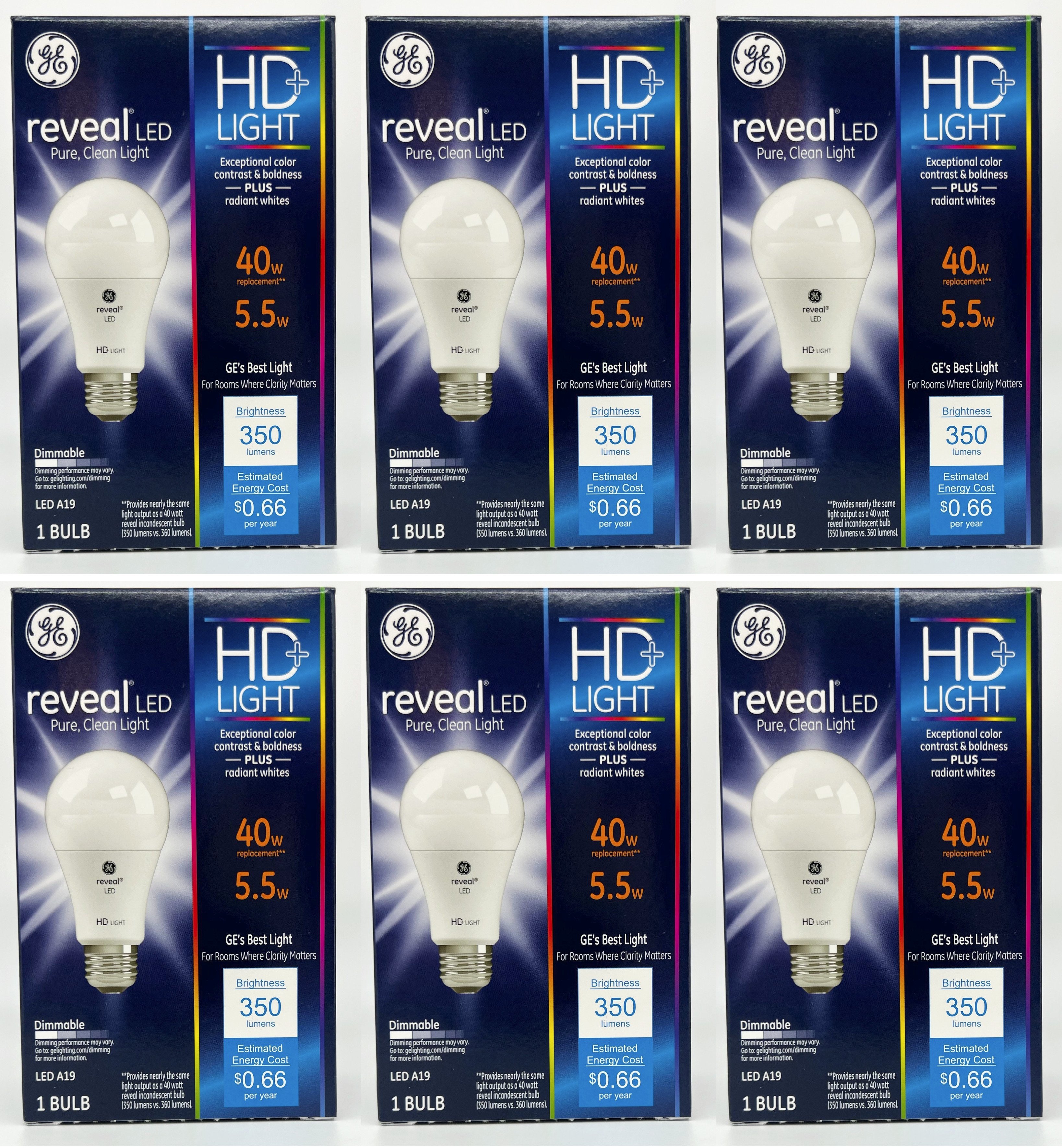 (6 bulbs) GE reveal LED A19 LED Light Bulb, 5.5 watt, 350 lumen, 40 watt replacement, Dimmable, HD Light, radiant whites, exceptional contrast and boldness