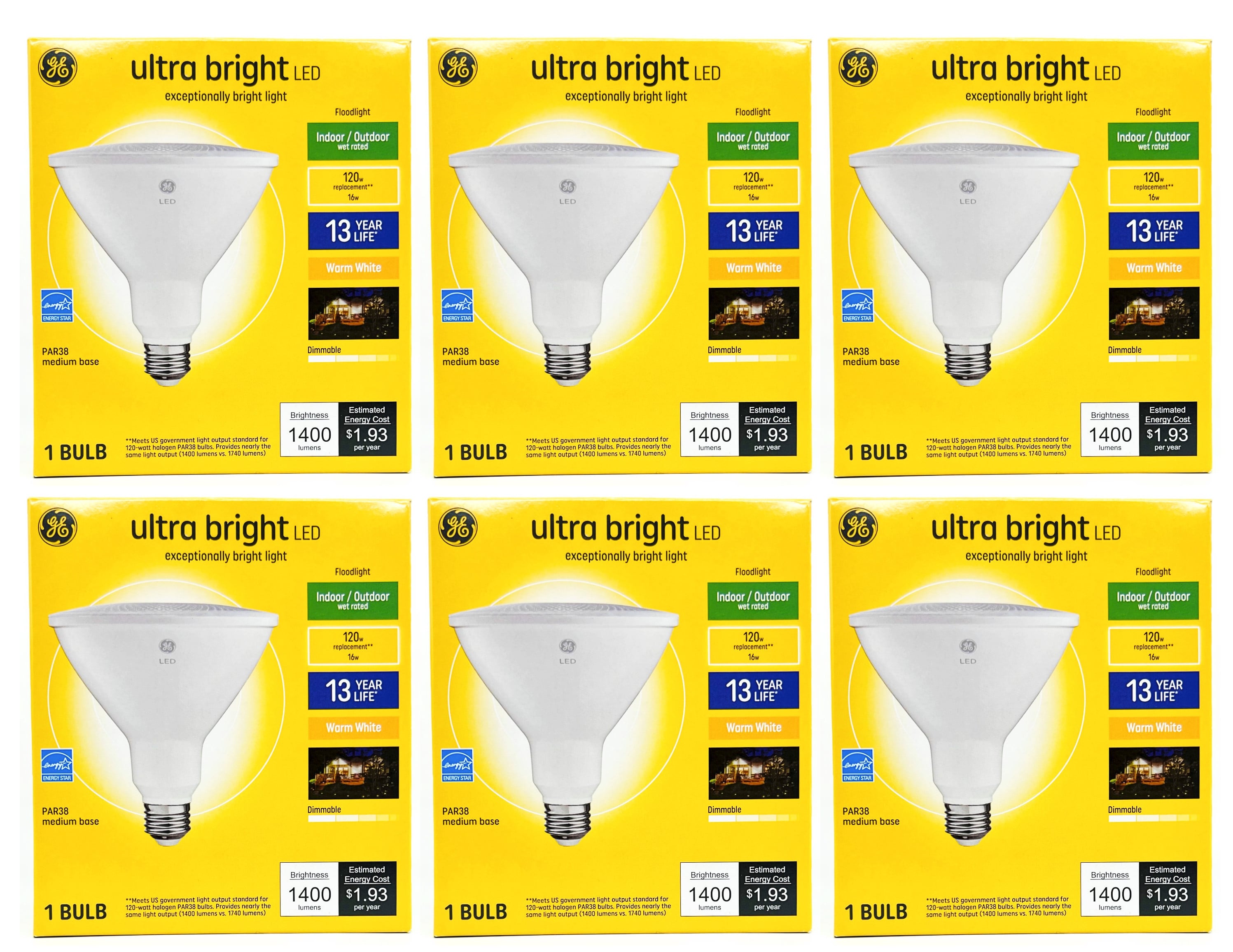 (case of 6 bulbs) GE Lighting 37644 Ultra Bright LED Par38 Indoor/Outdoor Flood Light, 16 watt, 1400 lumens,  Dimmable, Warm White