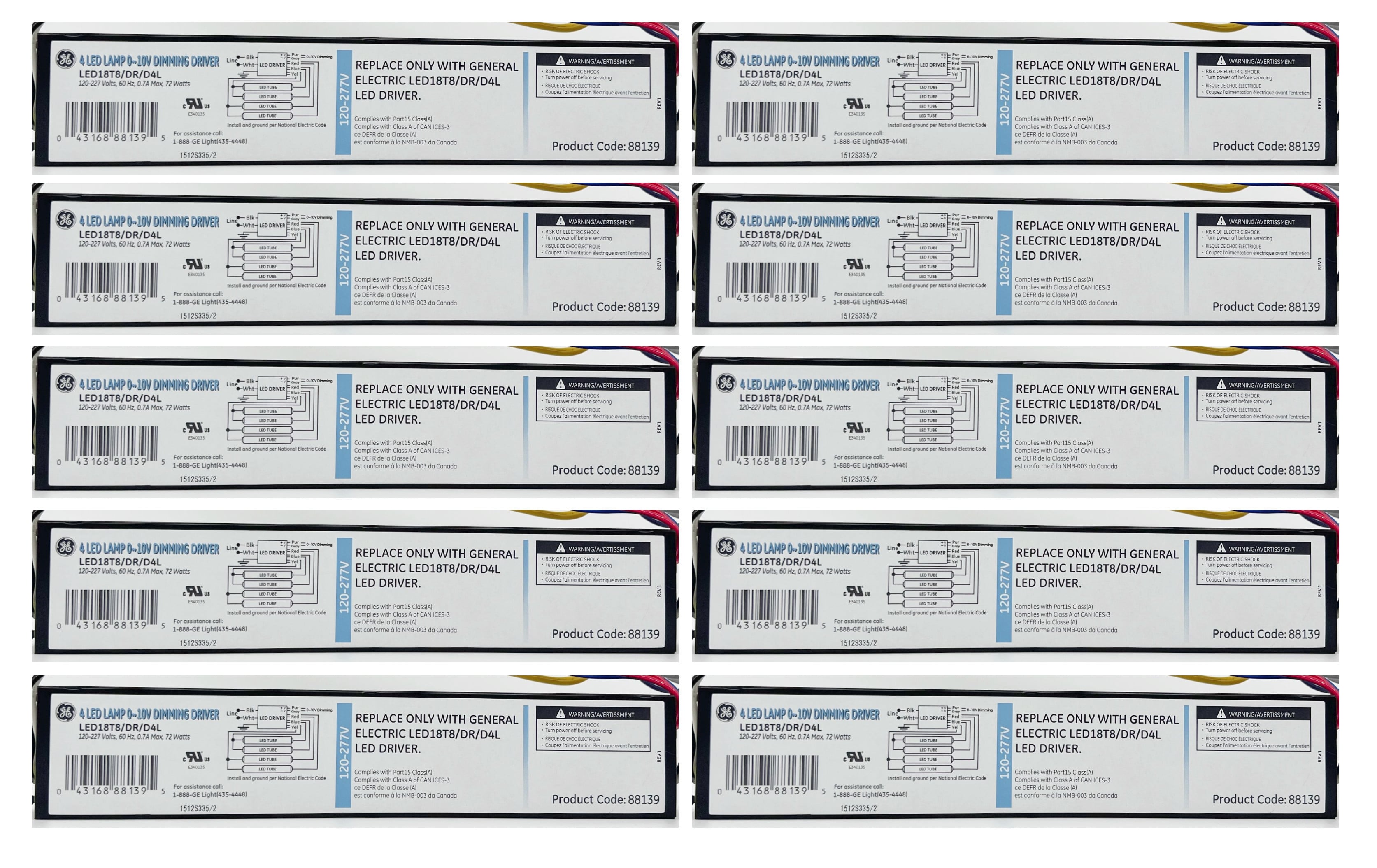 (case of 10) GE 88139 Constant Current T8 LED tube 4-lamp LED Driver,  72 watt 120/277 volt Electronic Dimmable LED Driver (LED18T8/DR/D4L)
