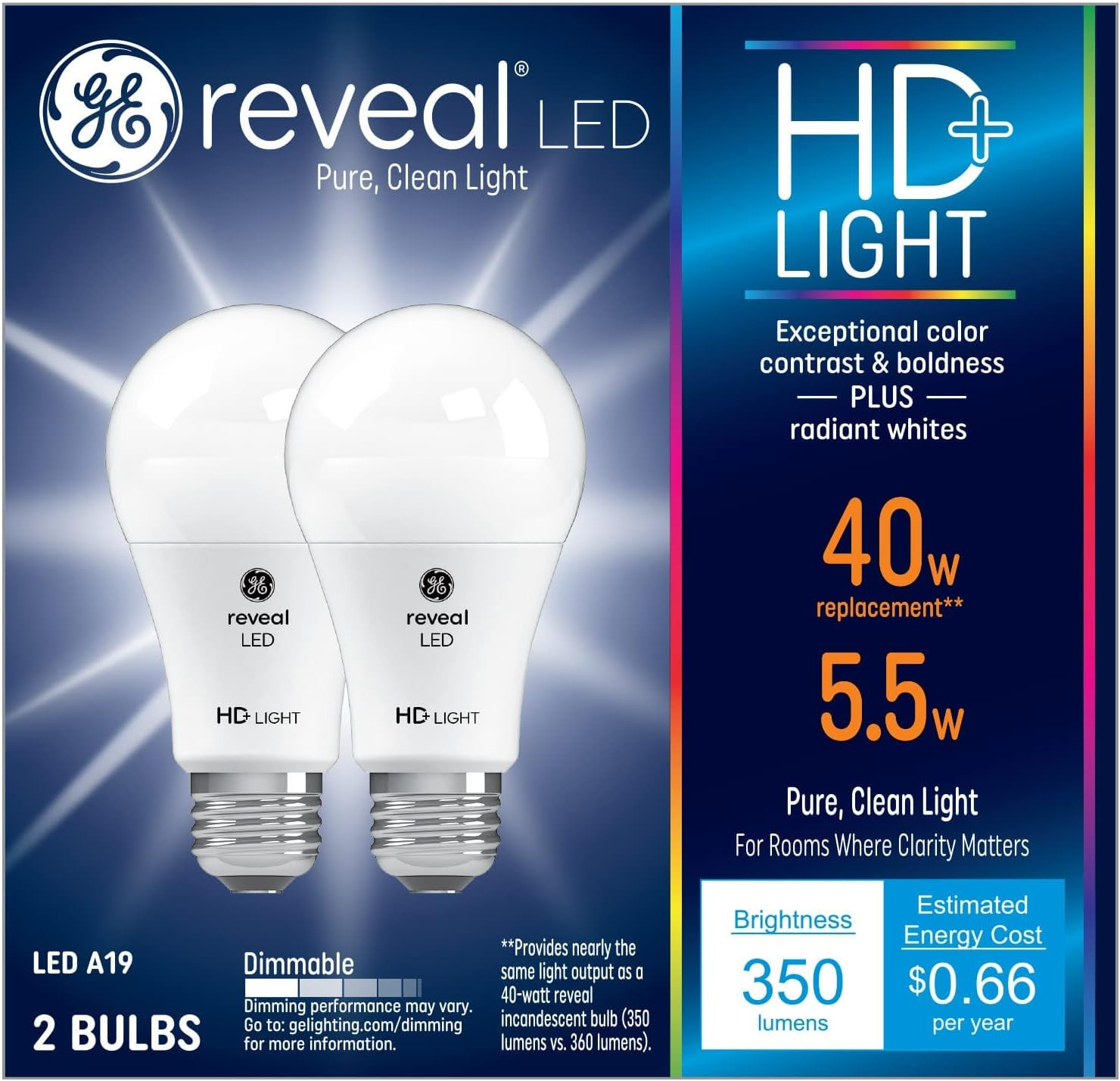 (2 bulbs) GE reveal LED A19 LED Light Bulb, 5.5 watt, 350 lumen, 40 watt replacement, Dimmable, HD Light, radiant whites, exceptional contrast and boldness