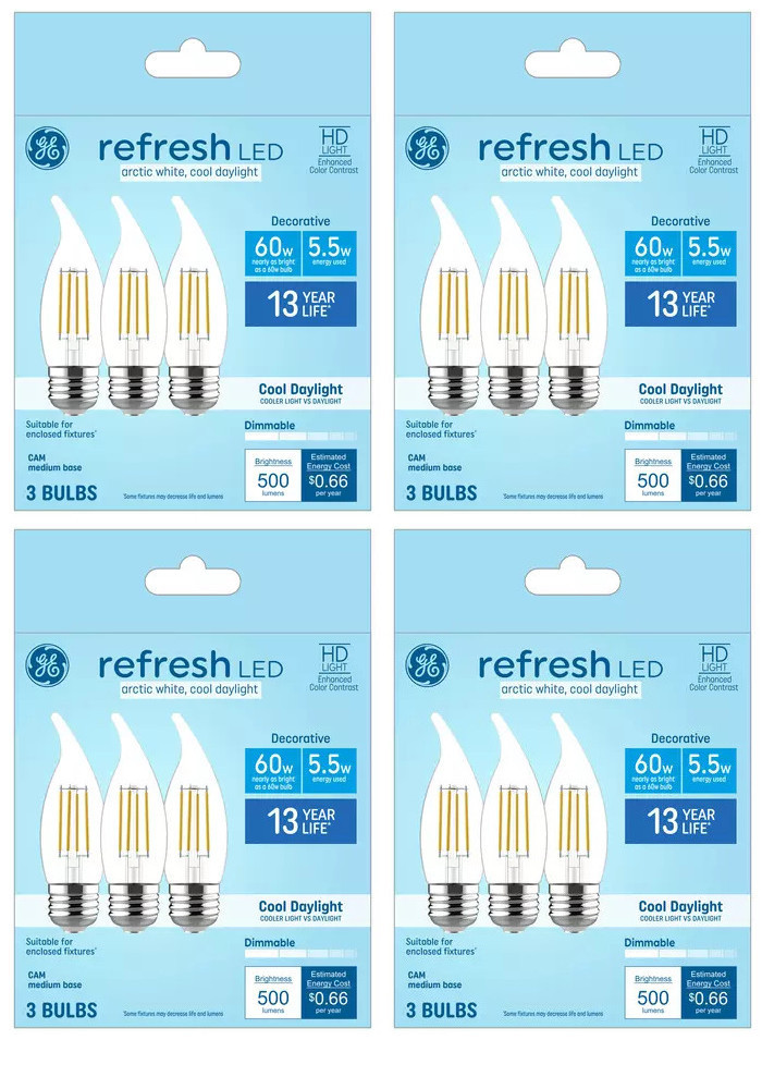 (12 bulbs) GE refresh LED cool white chandelier bulbs, 60 watt equivalent, 5.5 watt, 500 lumens, Dimmable, medium base (CAM) LED 6500K arctic white decorative bulb