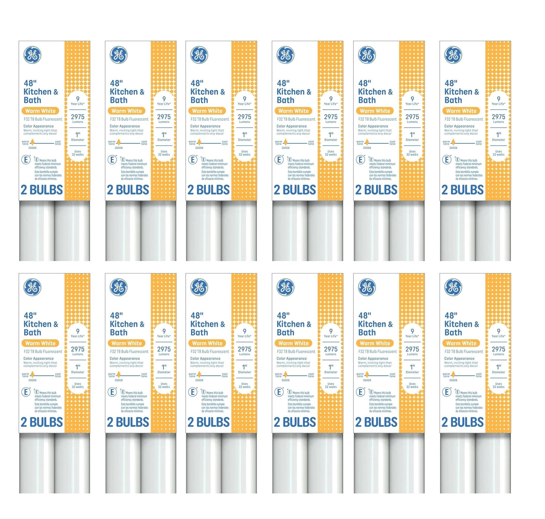 (24 bulbs) GE 66829 Kitchen & Bath Straight Fluorescent T8 Light Bulb, 32 Watt, 2900 lumens, 3000K Warm White, 48 inch T8 lamp