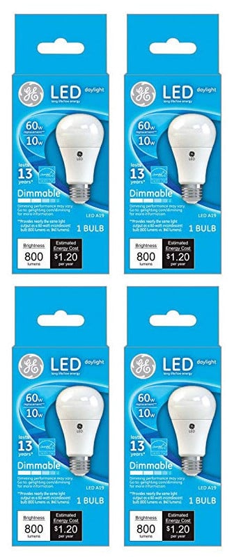 (4 bulbs) GE 67515 LED A19 60 watt equivalent Daylght Dimmable LED light bulb, uses only 10 watts, 800 lumens