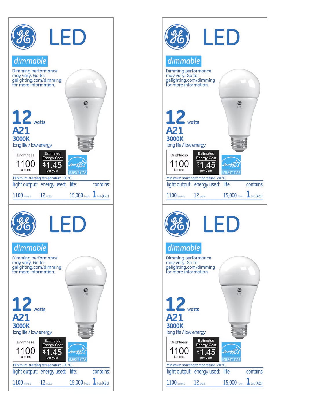 (4 bulbs) GE LED A21, 12 Watt, 1100 Lumen, 3000K, Dimmable, Medium Screw Base, 5. 16 IN Length, 15000 HR Average Life