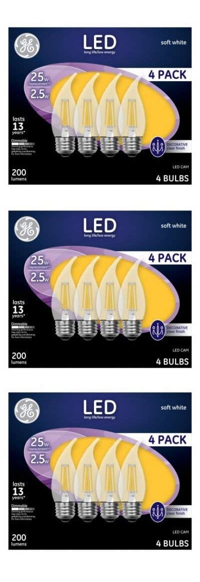 (case of 12 bulbs) GE Lighting LED Chandelier Bulb, 2.5 Watt, 200 lumen, Dimmable,  Medium Base, CAM Decorative LED Light Bulb - Soft White