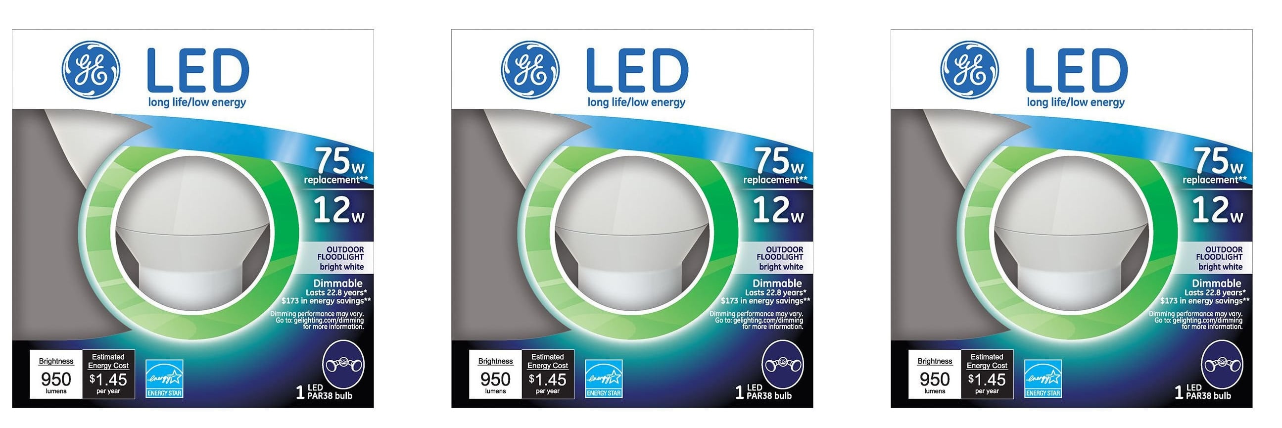 (case of 3) GE LED PAR38 Outdoor Floodlight, 12 watt - Replaces 75 Watt Light Bulb 1 Pack, 950 lumens, Dimmable, Bright White