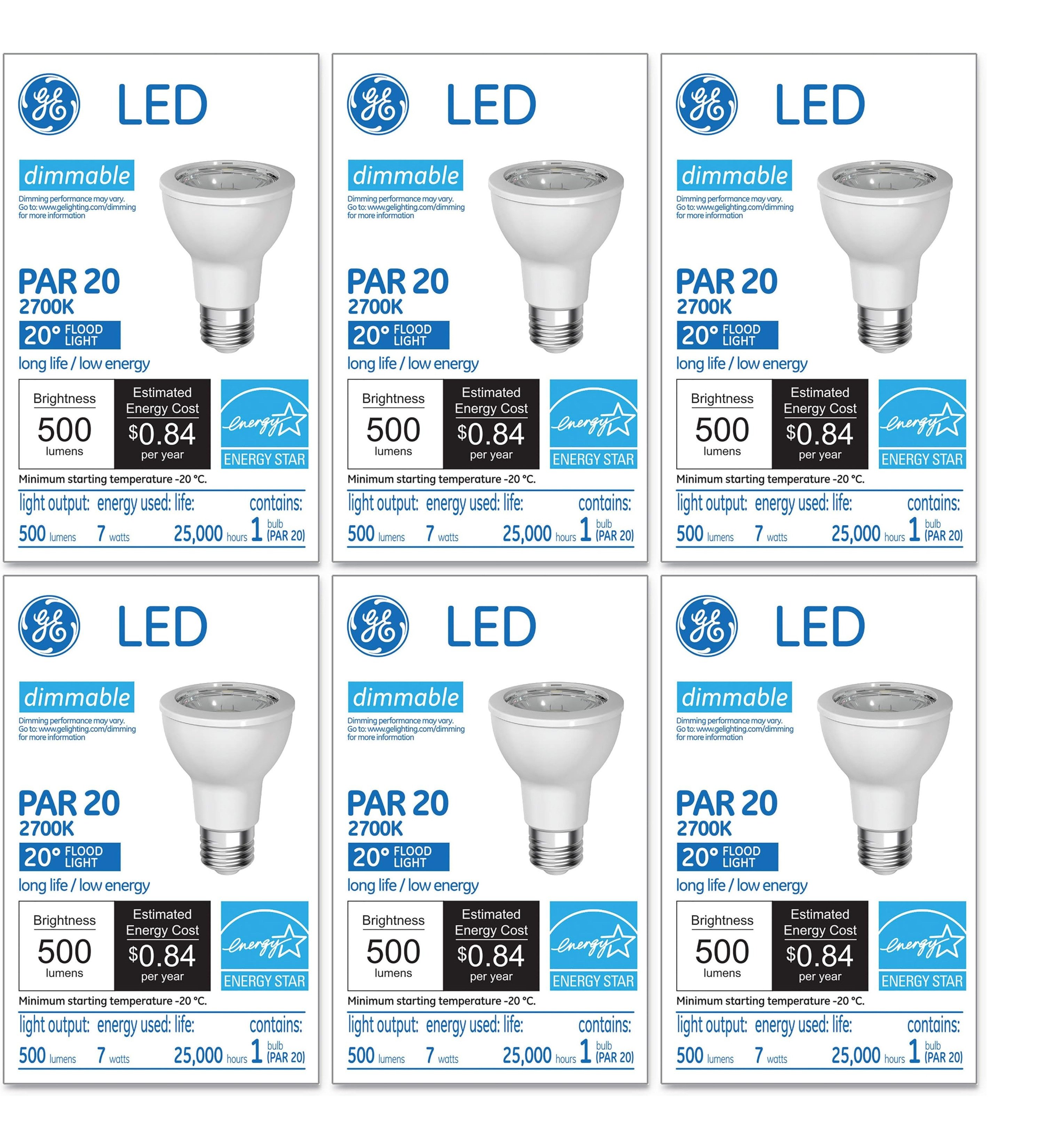 (case of 6) GE Lighting LED Lamp, 7 watt, 120 volt, PAR20, Medium Base, 500 lumens, Dimmable, 80 CRI, 2700 K