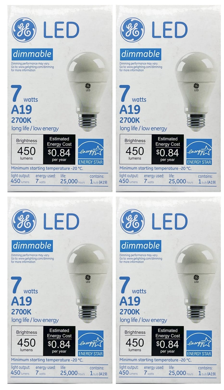 (case of 4 bulbs) GE 11332 - LED A19, 7 watts, 450 lumens, 2700K warm white, Dimmable, LED7DA19/827 LED Light Bulb