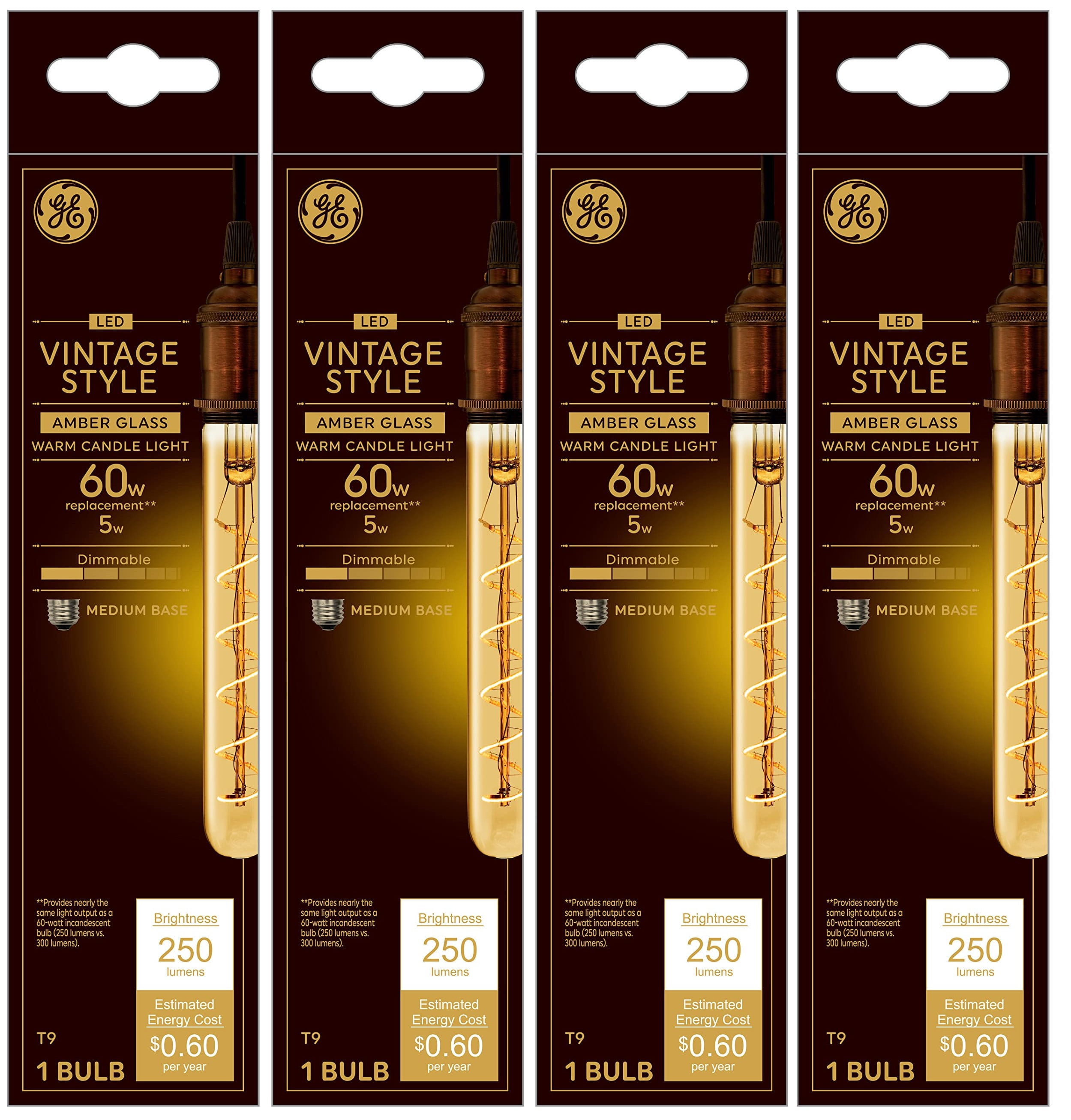 (case of 4) GE Lighting Vintage Style LED Tube Light Bulb, 5 Watts (60 Watt Equivalent) Warm Candle Light, Amber Glass, Medium Base, Dimmable, spiral filament 