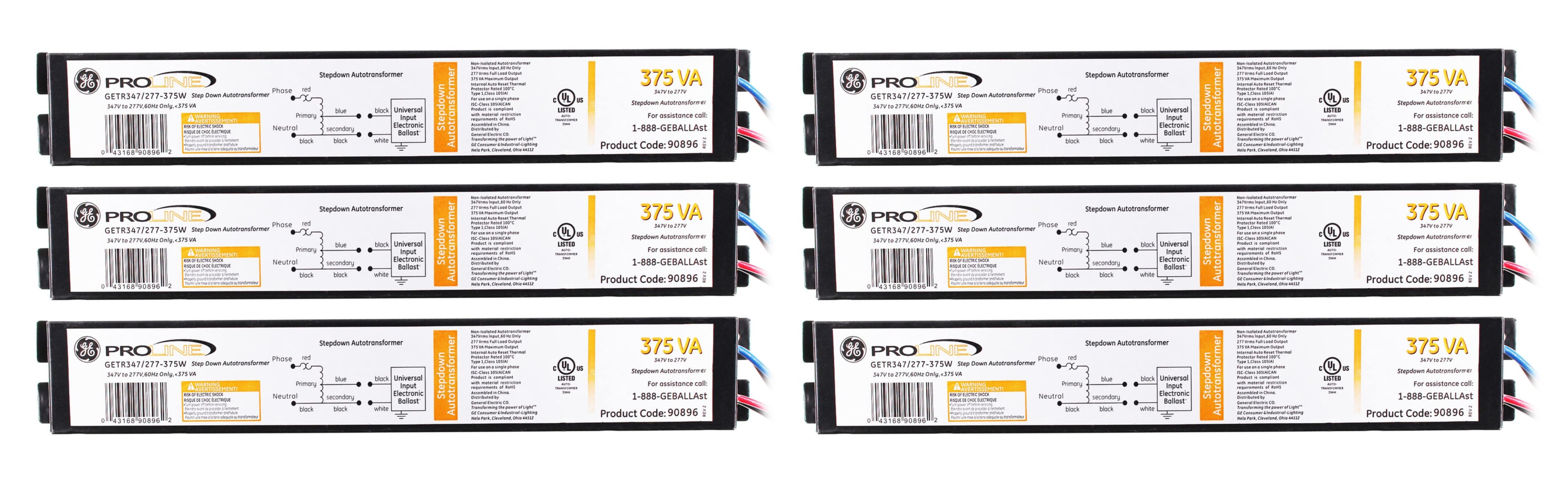 (case of 6) GE GETR347/277-375W 90896 Stepdown Autotransformer Ballast, 347VAC to 277VAC