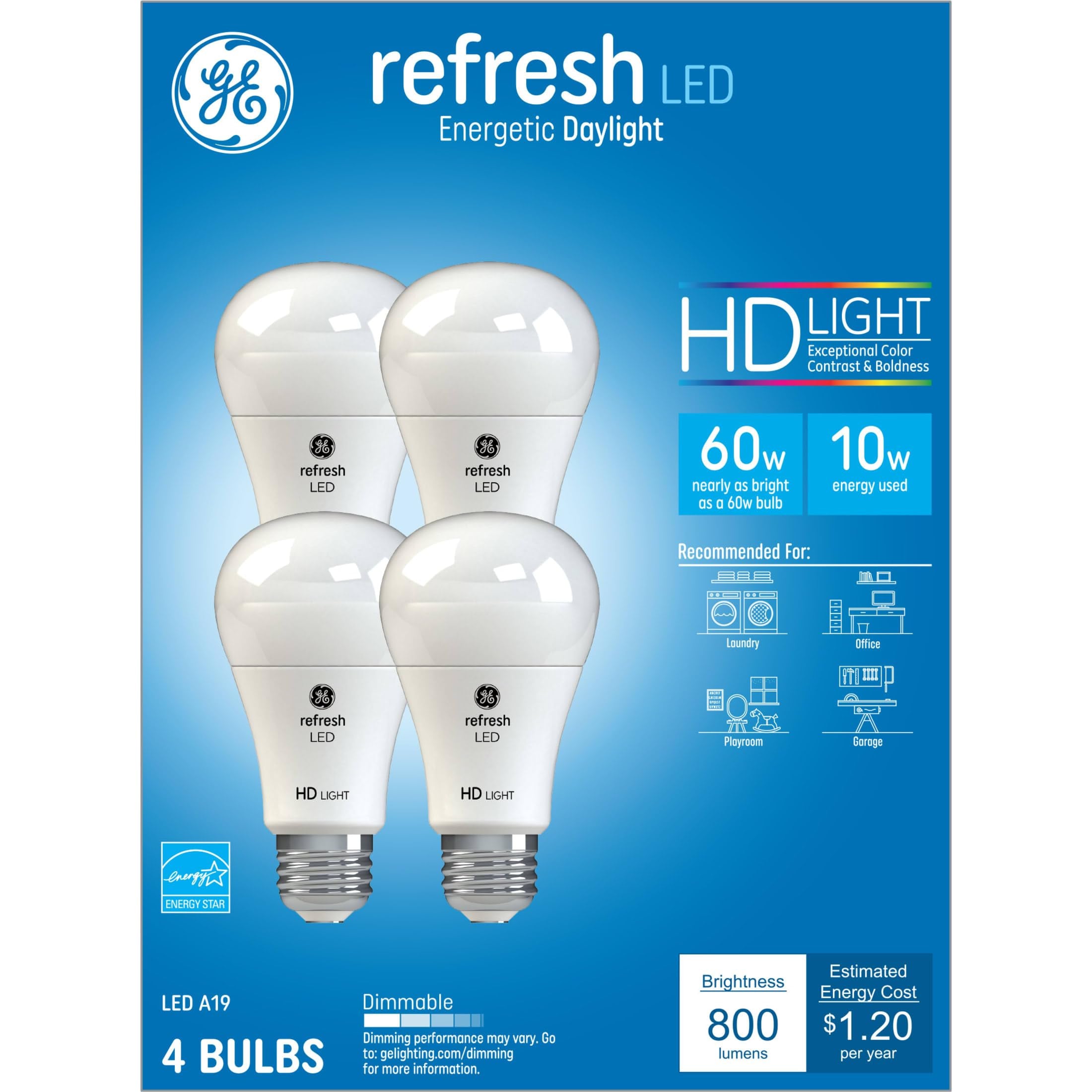 (4 bulbs) GE Refresh LED Light Bulbs, 60 Watt, Daylight, A19, 10 watt, 800 lumens, Dimmable, energetic daylight LED bulb