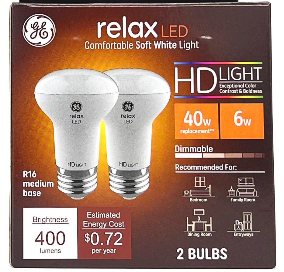 (2 bulbs) GE relax LED R16 Light Bulb, 6 watt, 400 lumens, Dimmable, HD Light, exceptional color contrast and brightness, comfortable soft white light, 2700K