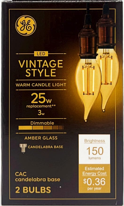 (2 bulbs) GE Lighting Vintage LED Chandelier Light, Cendlabra base, 3 watt, 150 lumen, Dimmable, warm candle light glow, amber glass 