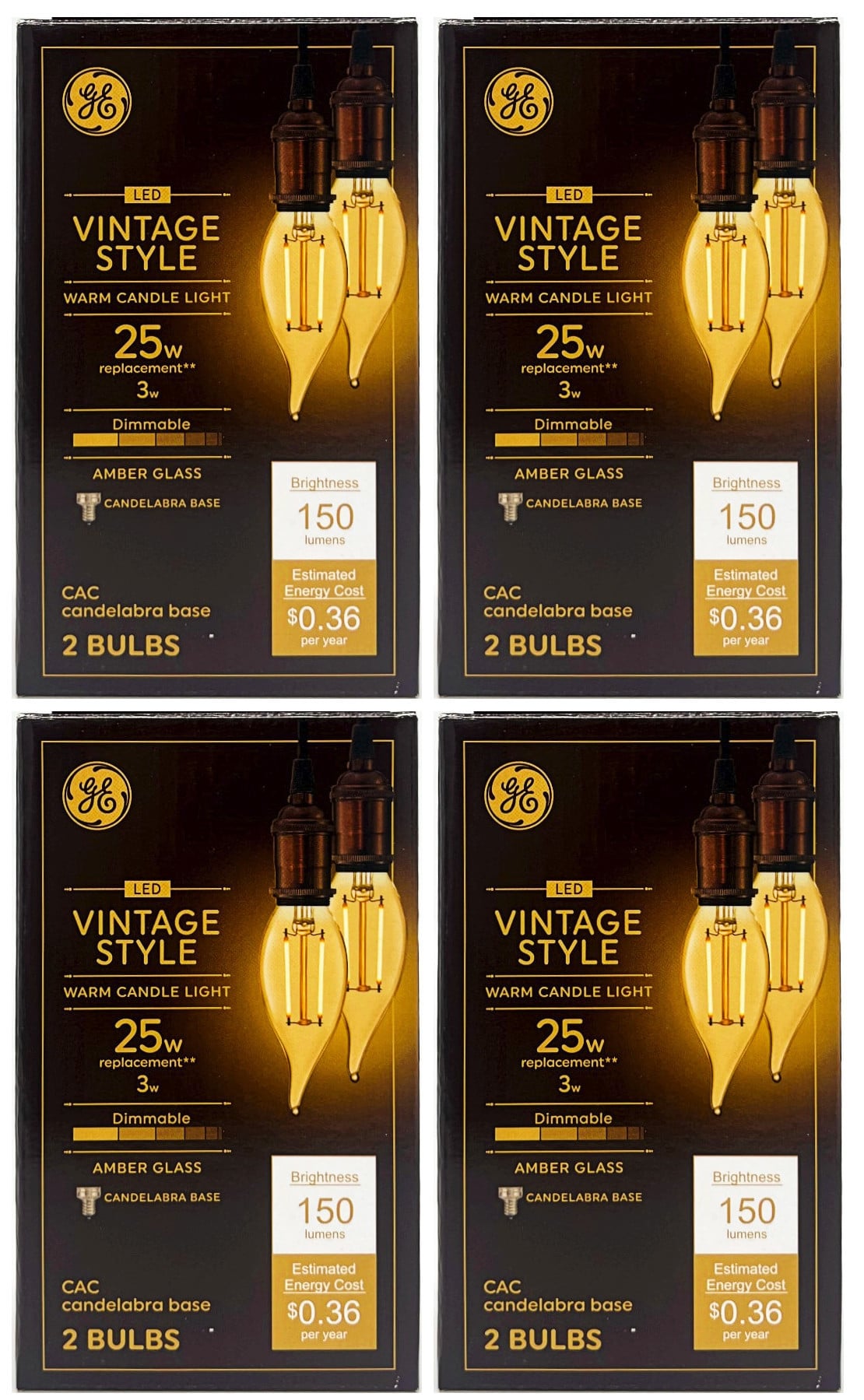 (8 bulbs) GE Lighting Vintage LED Chandelier Light, Cendlabra base, 3 watt, 150 lumen, Dimmable, warm candle light glow, amber glass 