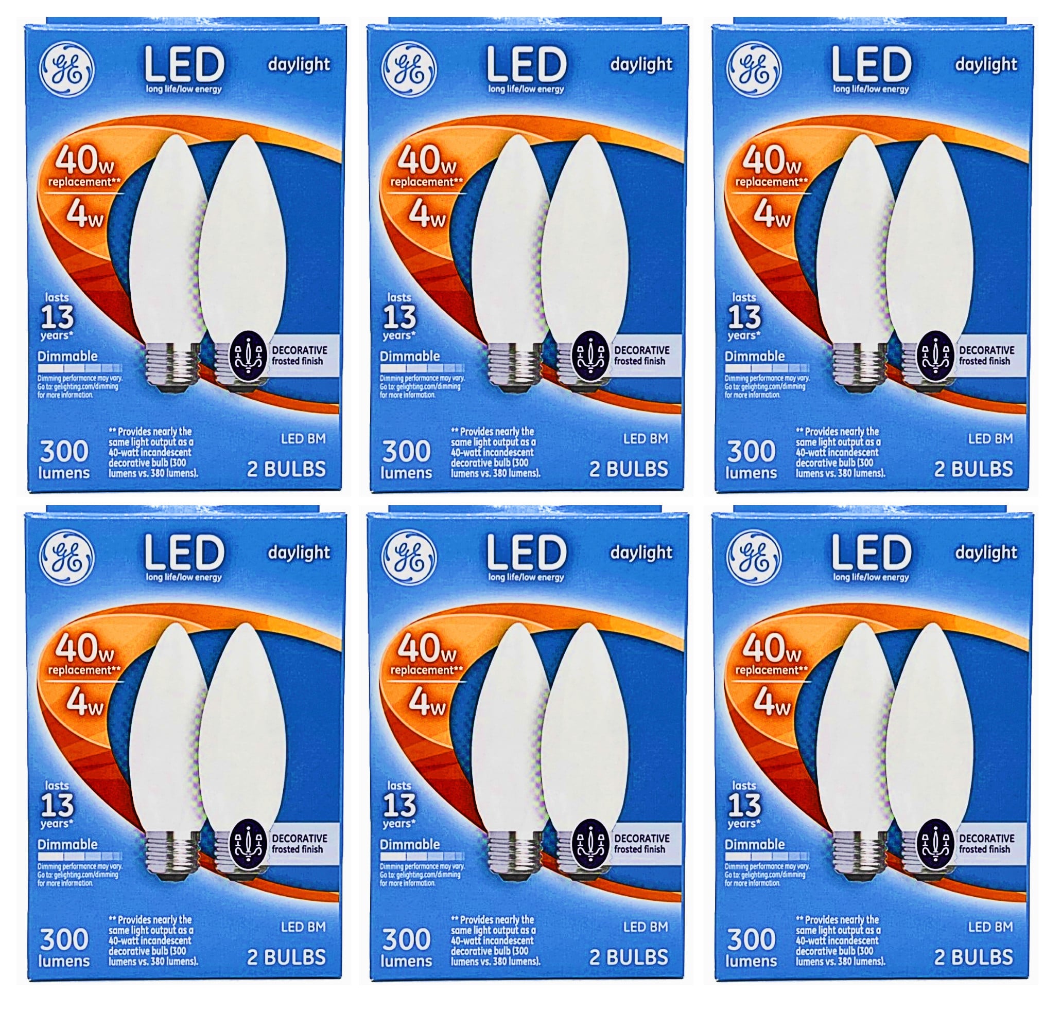 (case of 12 bulbs) Ge 25963 Decorative LED Chandelier bulb, 4 watt, 300 lumen, Daylight, Dimmable, frosted finish, medium base