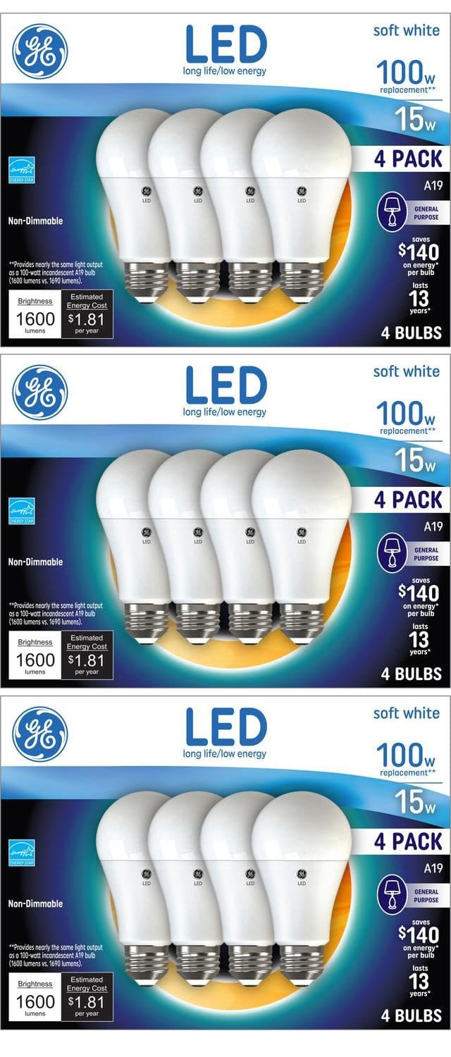 (12 bulbs) GE Lighting LED Light Bulb, A19 shape, 15 watts, 1600 lumens (100 watt equivalent), soft white, medium base, non-dimmable, long life, life energy
