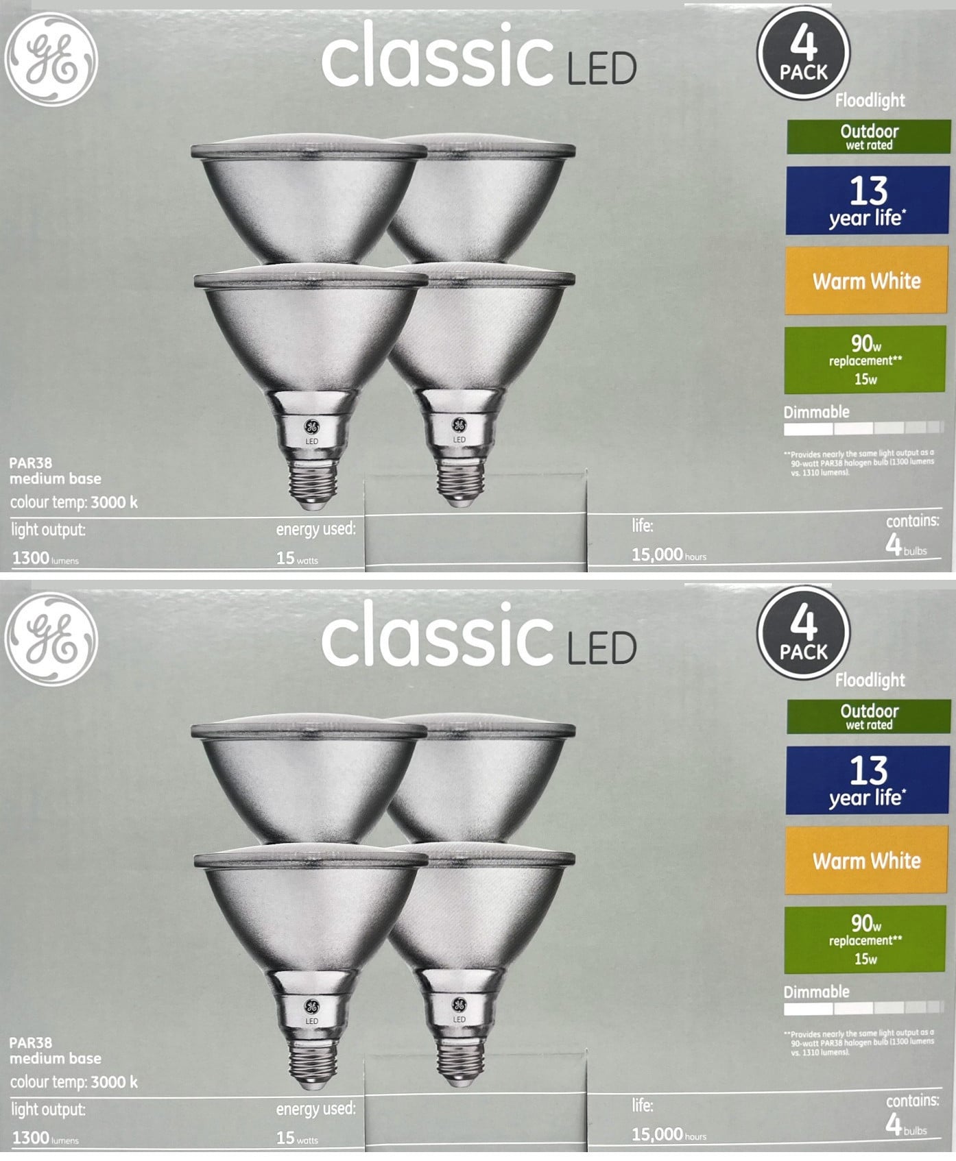 (8 bulbs) GE classic LED PAR38 Floodlight, 15 watt, 1300 lumen, 3000K warm white, outdoor wet rated, dimmable, medium base