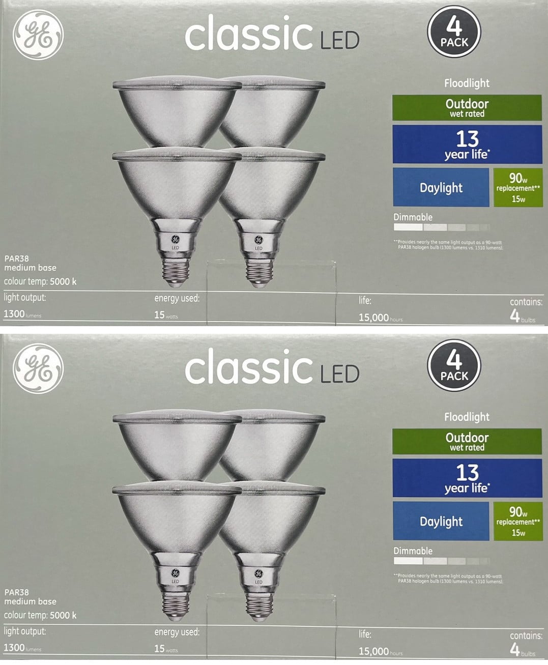 (8 LED bulbs) GE Classic LED PAR38 FloodLight, Daylight, 15 watts, 1300 lumens, Dimmable, 5000K Color Temp, Medium Base, Suitable for Outdoor Use, Medium base