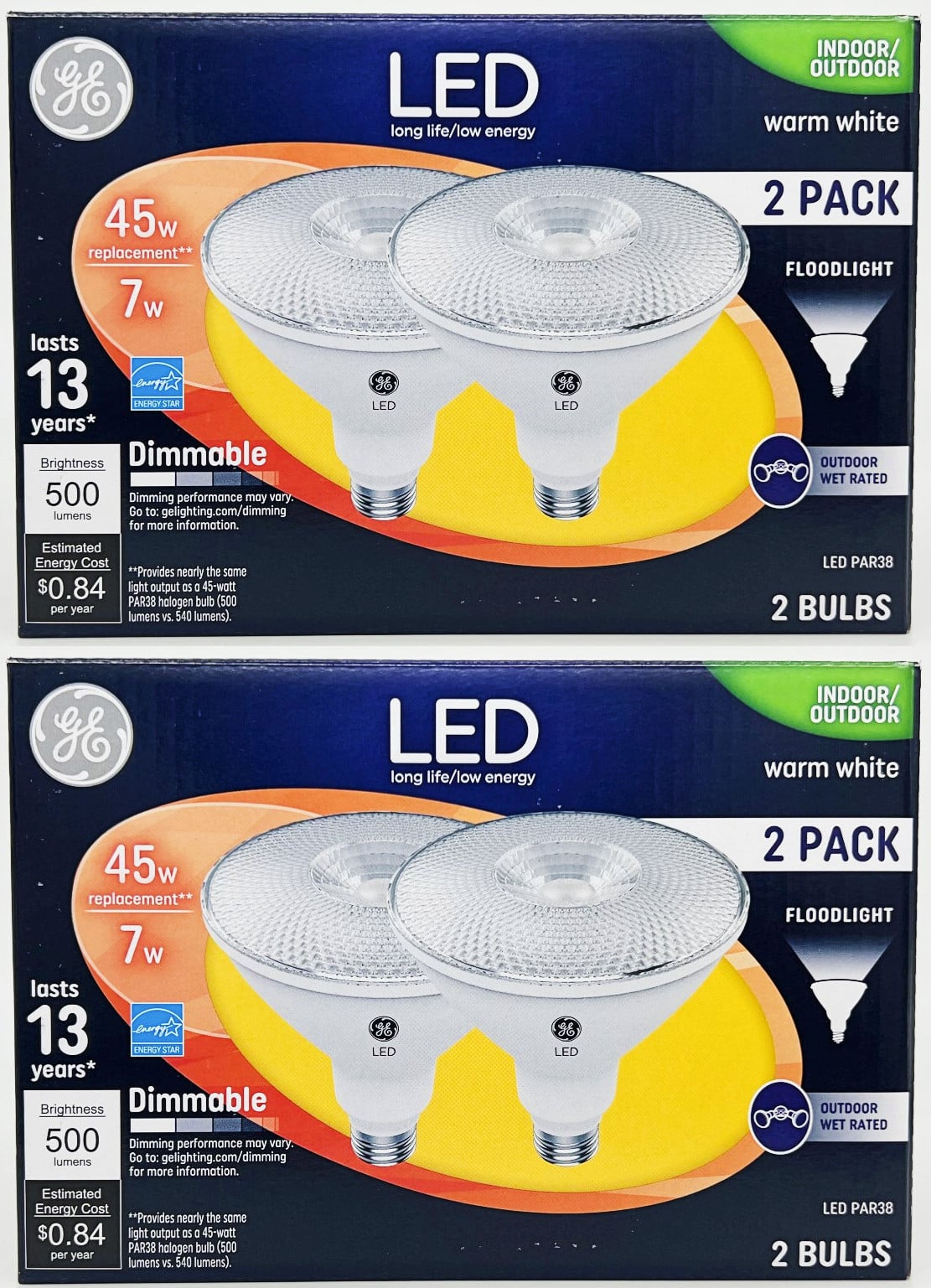 (4 bulbs) GE Lighting LED PAR38 Indoor/Outdoor FloodLight, 7 watt, 500 lumens, Dimmable, 3000K warm white, medium base