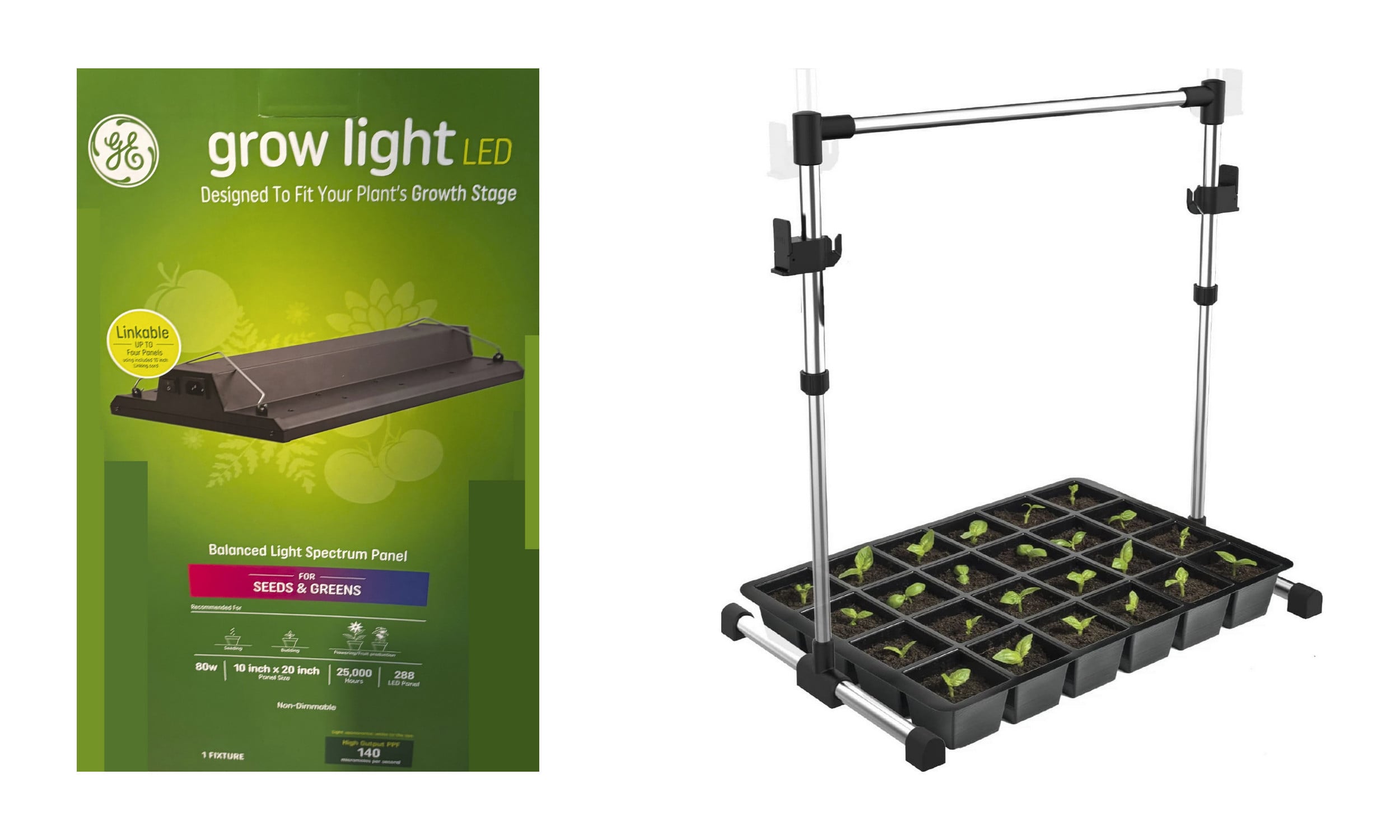 GE grow light LED Seed Starter KIT-- LED Light Panel and Light Stand, for Seeds and Greens, balanced light spectrum, 10 inch x 20 inch LED panel, 80 watt, High Output 140 PPF (includes linking cord) PLUS GE Grow Light Stand