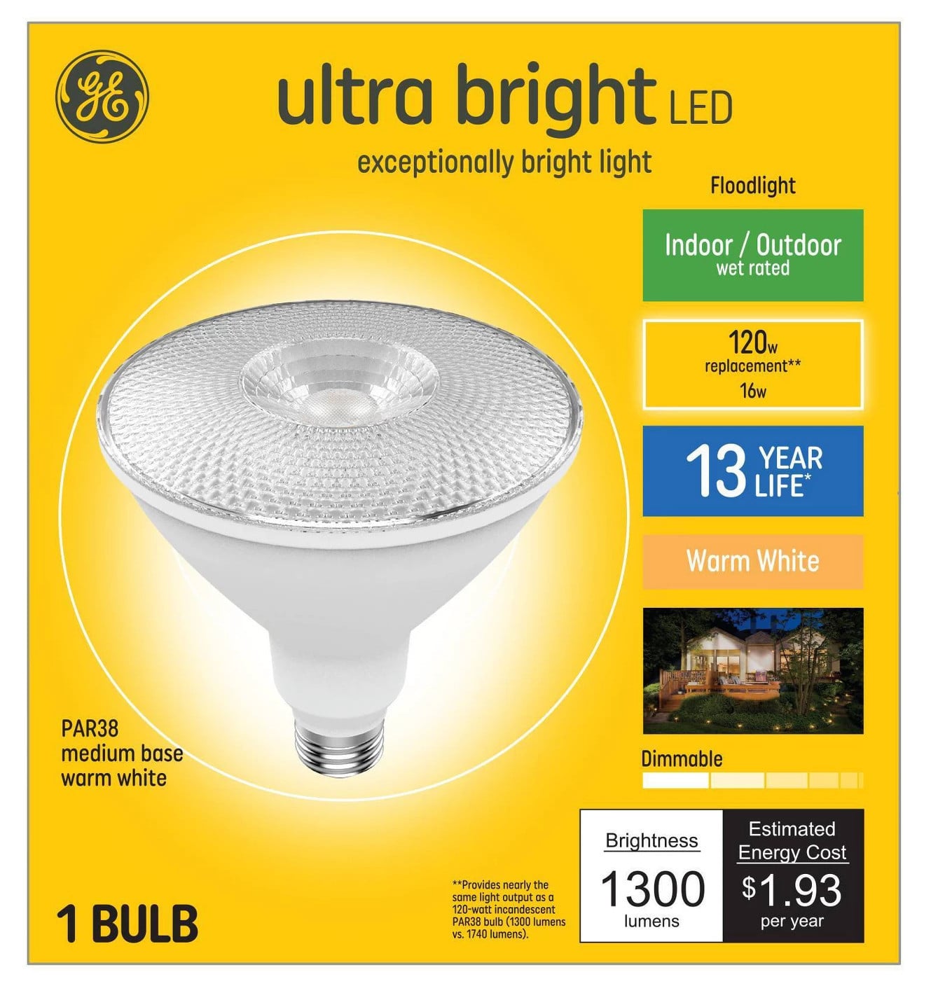 GE ultra bright LED PAR38, 16 watts, 1300 lumens, Dimmable, Indoor and Outdoor rated, Warm White 3000K, Medium base, UltraBright LED Light Bulb