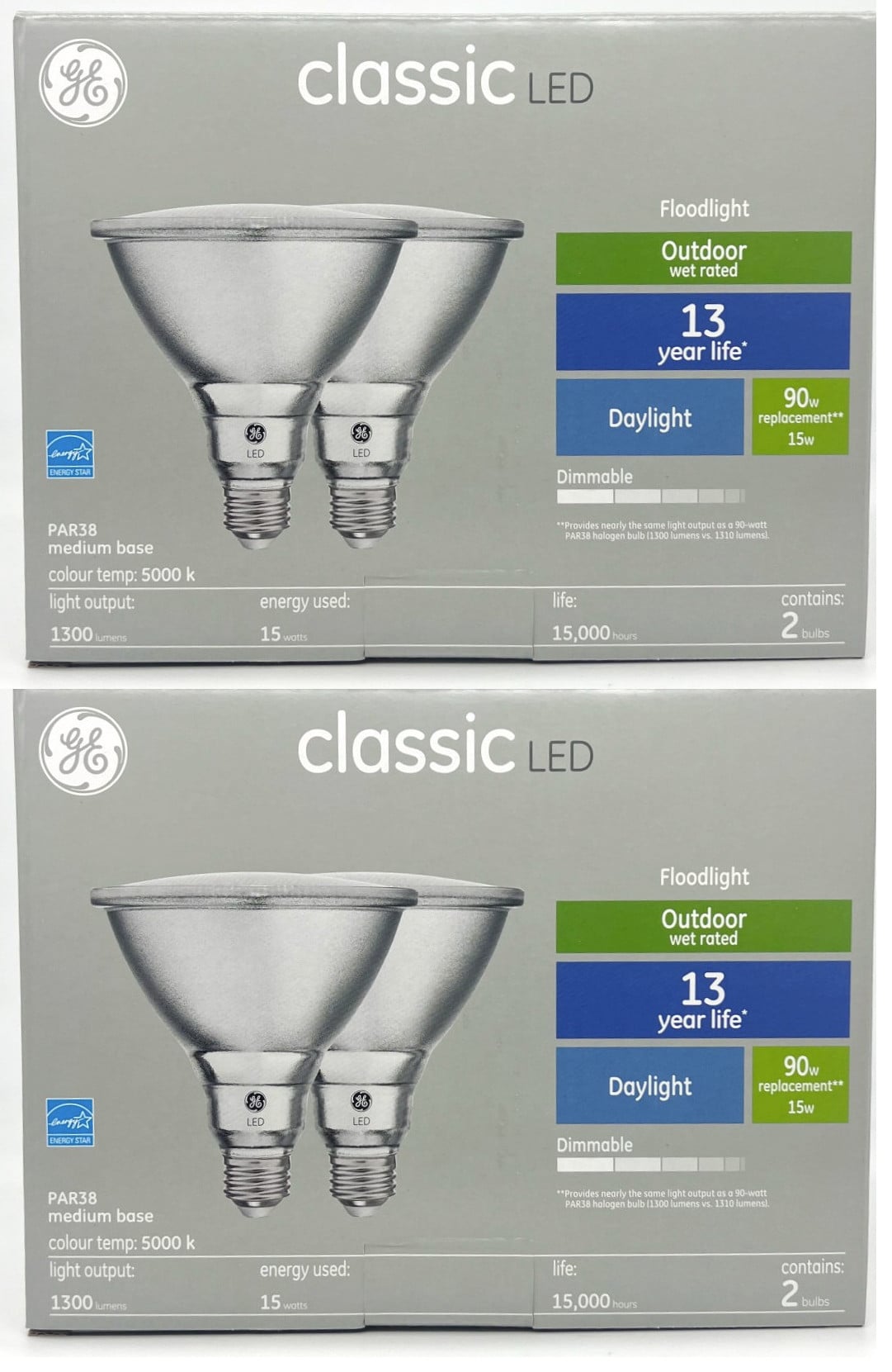 (4 bulbs) GE classic LED PAR38 Floodlight, 15 watts, 1300 Lumens, Outdoor Wet rated, Daylight 5000K, Dimmable, Medium base,  LED floodlight (90 watt replacement)
