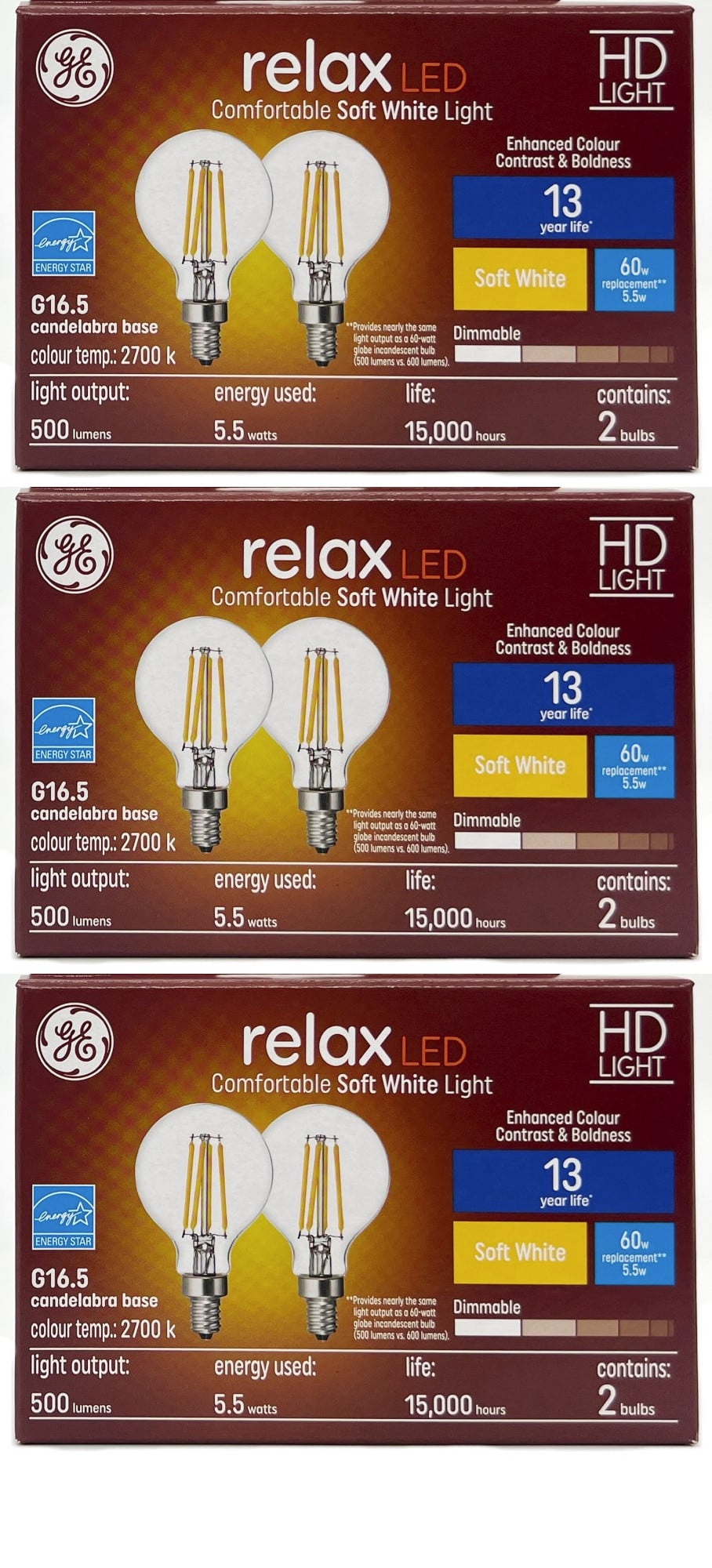 (6 bulbs) GE relax LED G16.5 Light Bulb, 5.5 watts, 500 lumens, Soft White 2700K, Dimmable, Candelabra base, HD Light for Enhanced Color Boldness & Contrast relaxLED  (60 watt equivalent)